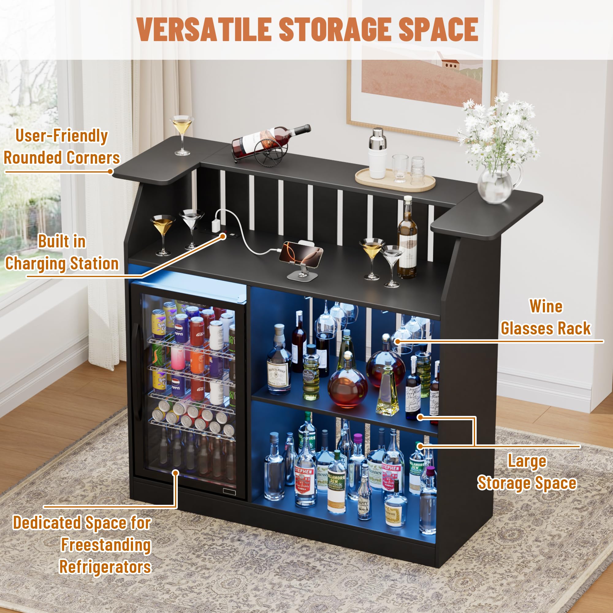U-Shape Bar Table, Home Bar Unit with Fridge Space, 4 Tier Liquor Wine Cabinet with LED Light, Power Outlet, Wine Glass Holder, Modern Mini Bar with Storage for Living Room, Basement, Home Pub, Black