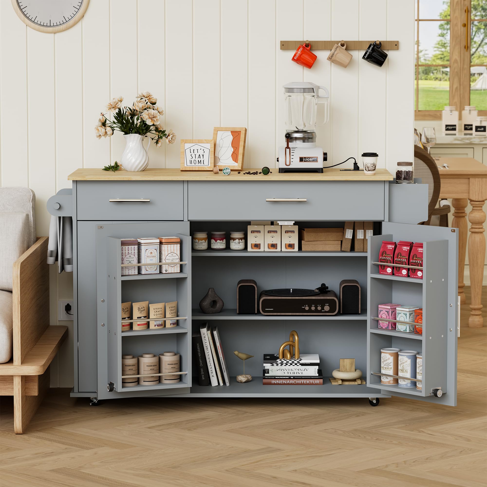 Rolling Kitchen Island with Trash Can Storage & Drop Leaf