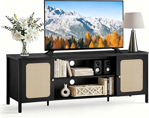 Boho Rattan TV Stand with Storage Cabinets