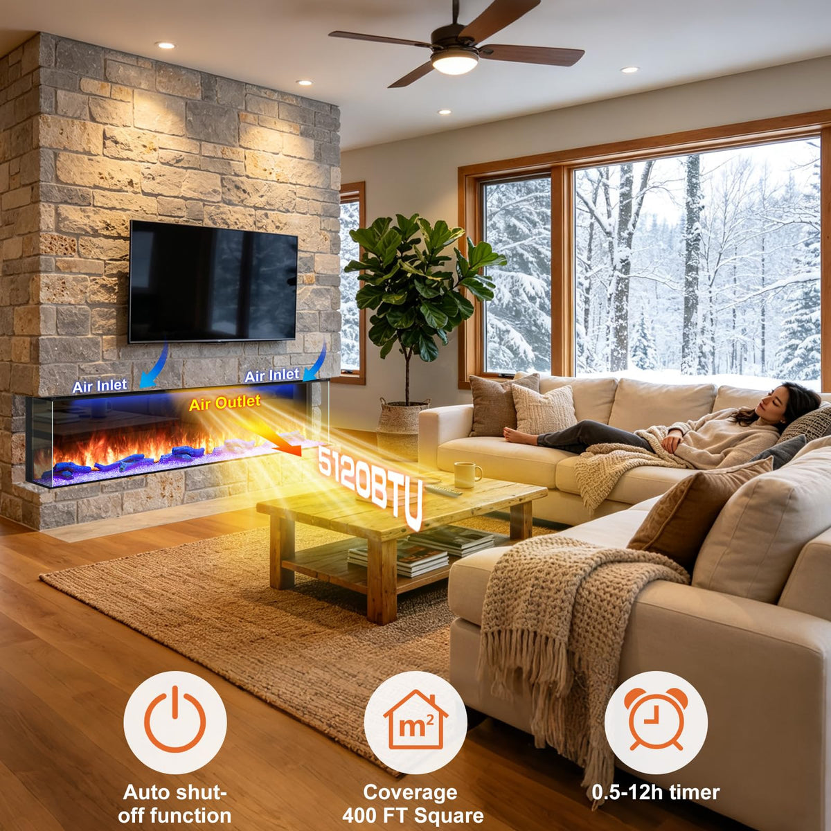 80 Inch 3 Sided Electric Fireplace, Smart Linear Fireplace Heater with 3D Realistic Flames/Ember/Ambient, LED Color Cycle, Timer, Crackling Sound, 1500W/750W, Recessed