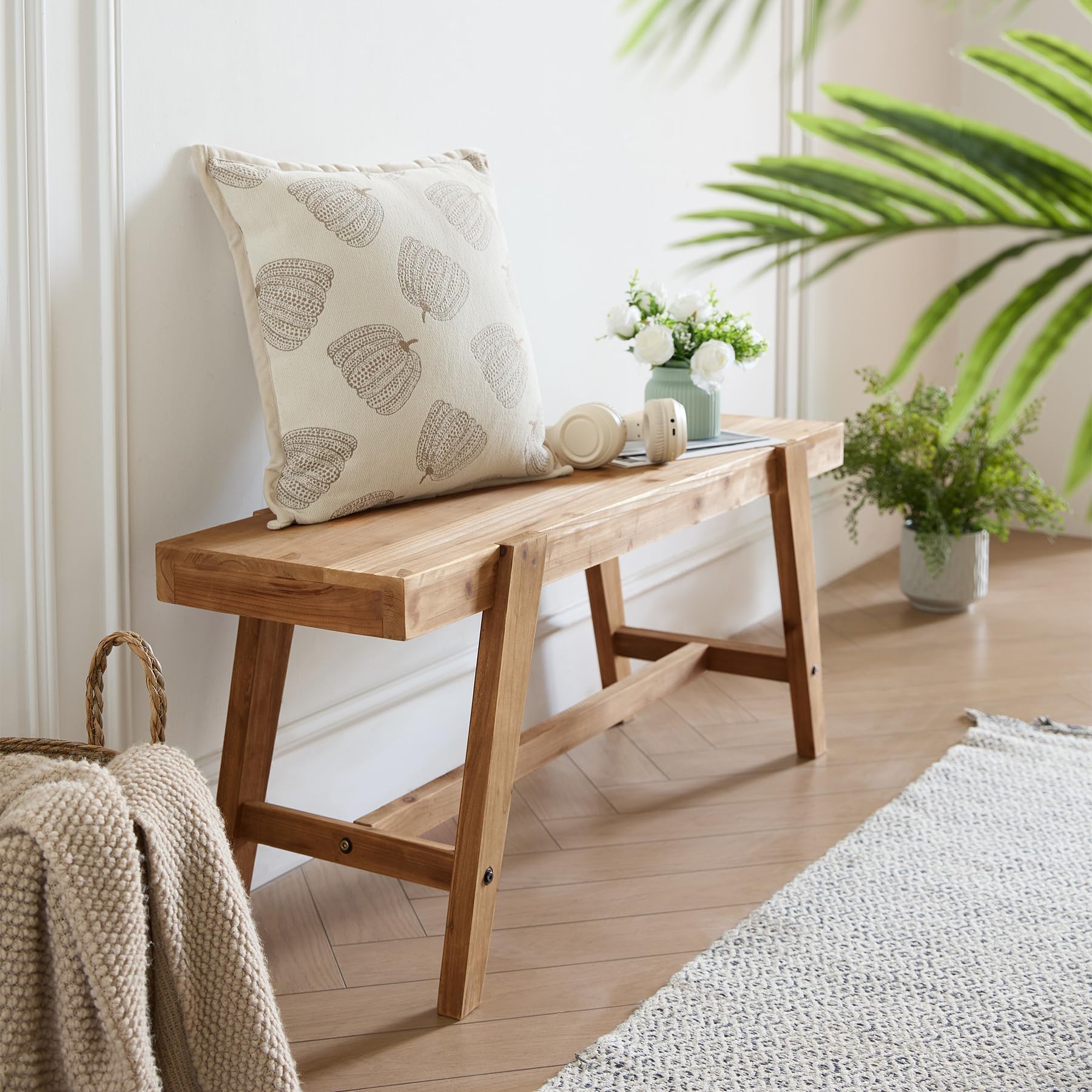 HOKYHOKY Farmhouse Solid Wood Entryway Bench – 43.4 Inches Rustic Long Bench, Dining Bench with Angled Legs, Hand-Finished Natural Grain, for Foyer, Hallway, Bedroom
