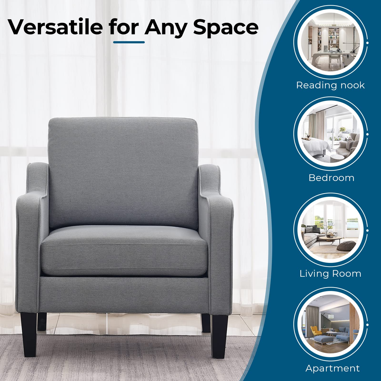 VINGLI Mid Century Modern Accent Chair, Light Grey Fabric Accent Chairs for Living Room Upholstered Armchair with Scooped Arms for Bedroom, Apartment, Studio, Office, Waiting Room