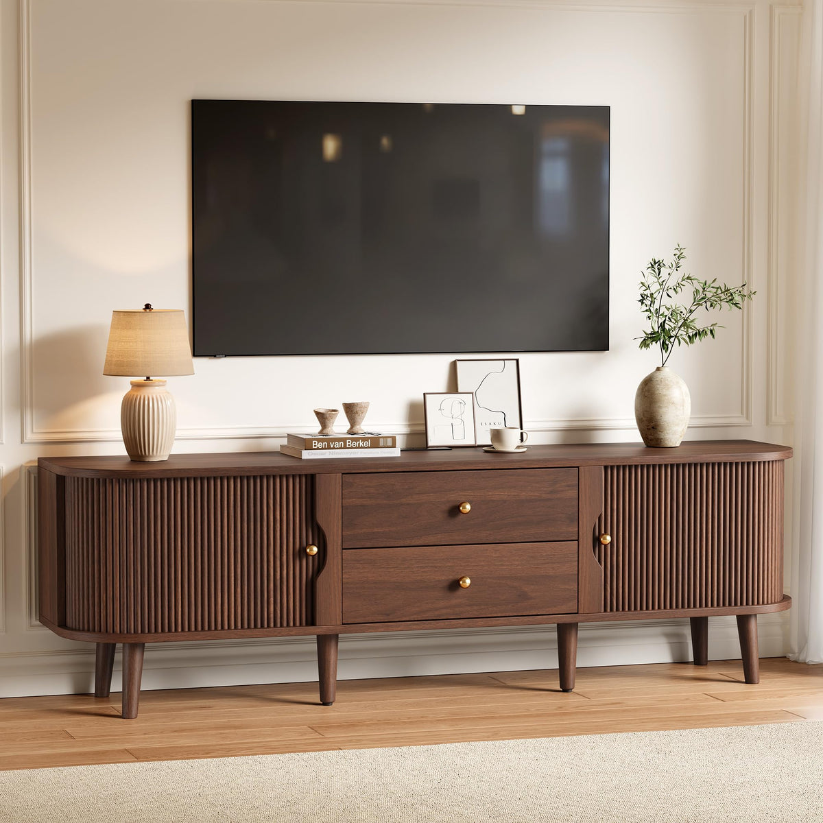 70" Mid-Century Fluted TV Stand with Storage up to 80 Inch, Walnut