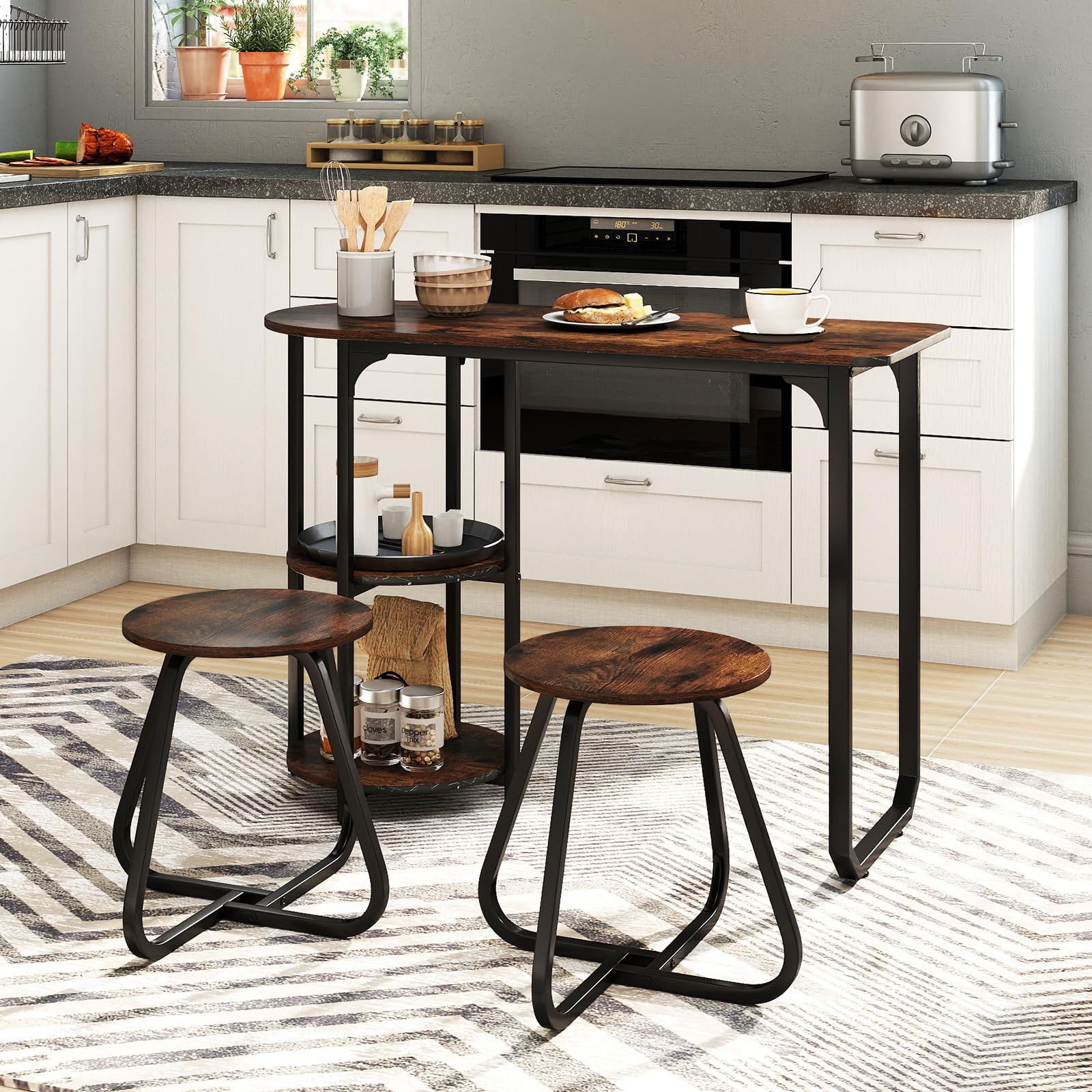 3-Piece Industrial Dining Table Set with 2 Stools & Storage Shelves