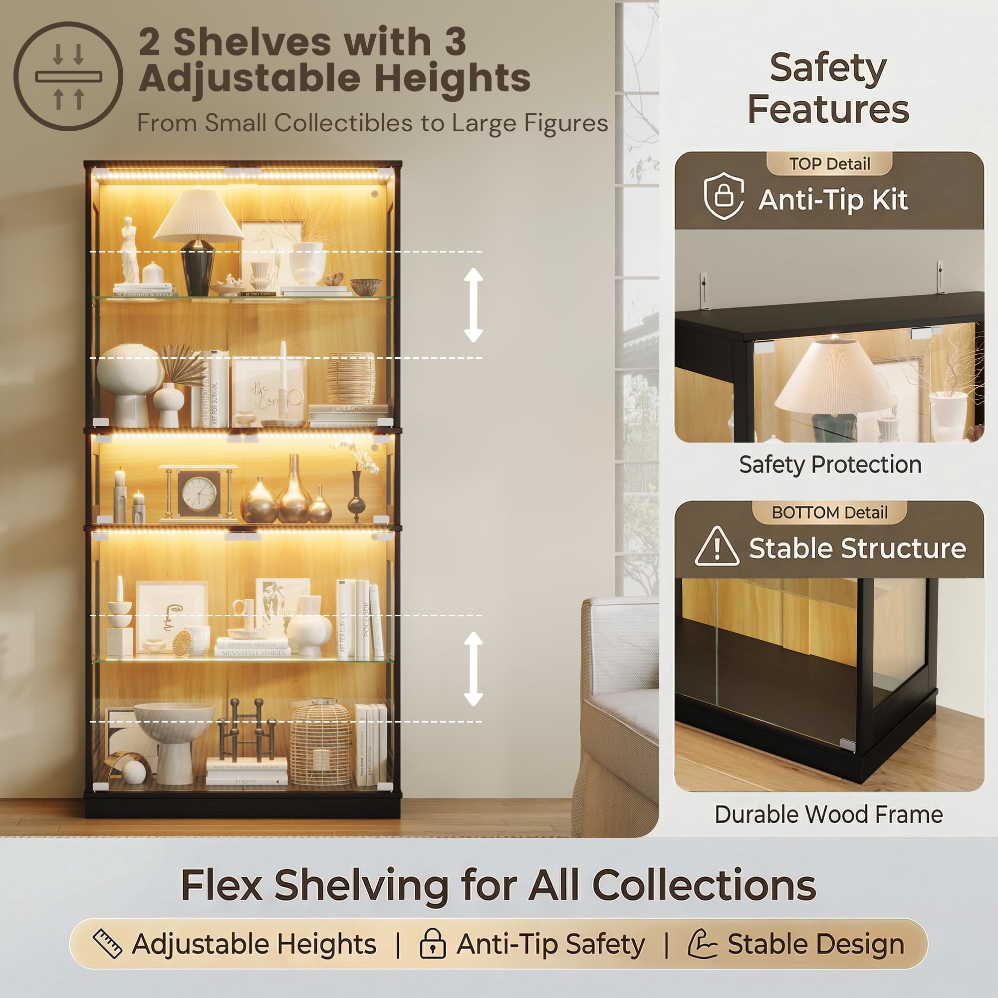 5-Tier LED Display Cabinet with Glass Doors