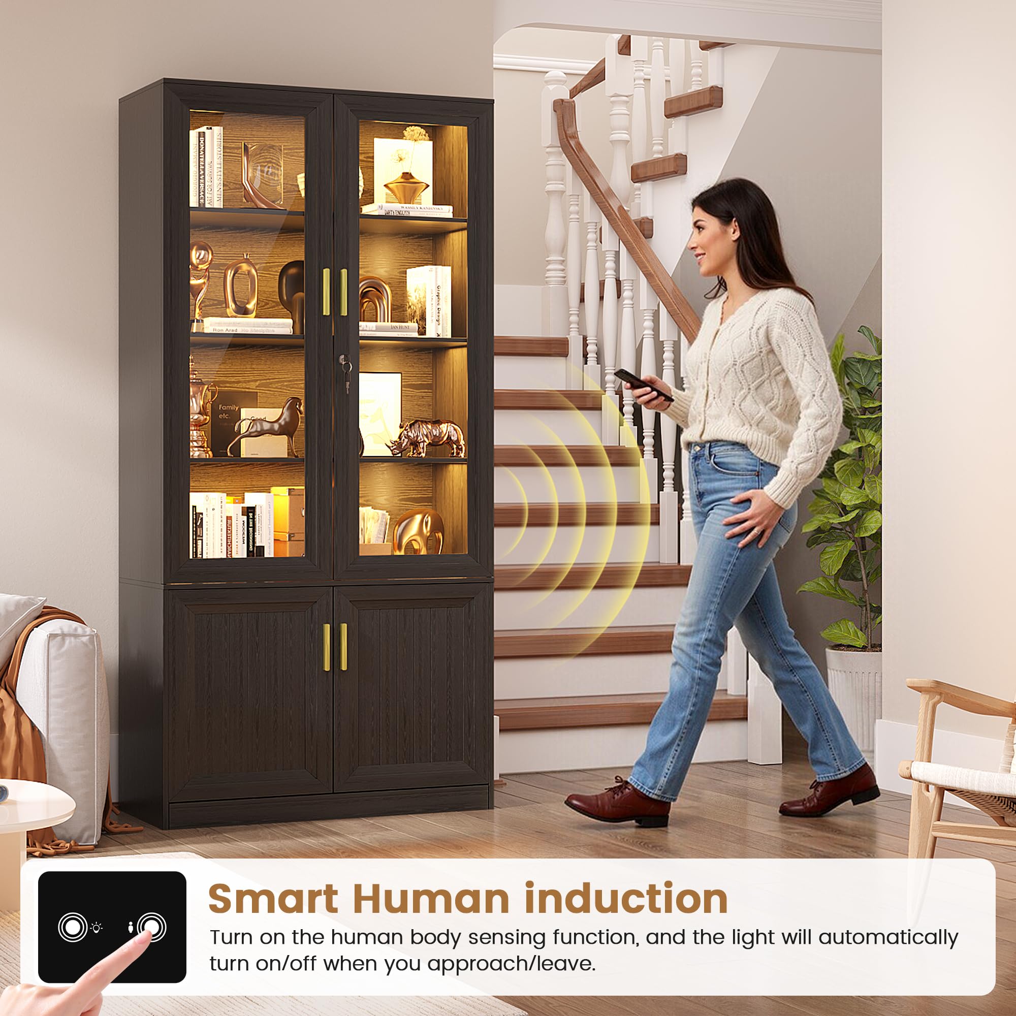 71" Glass Door Display Cabinet with LED Lights & Lock