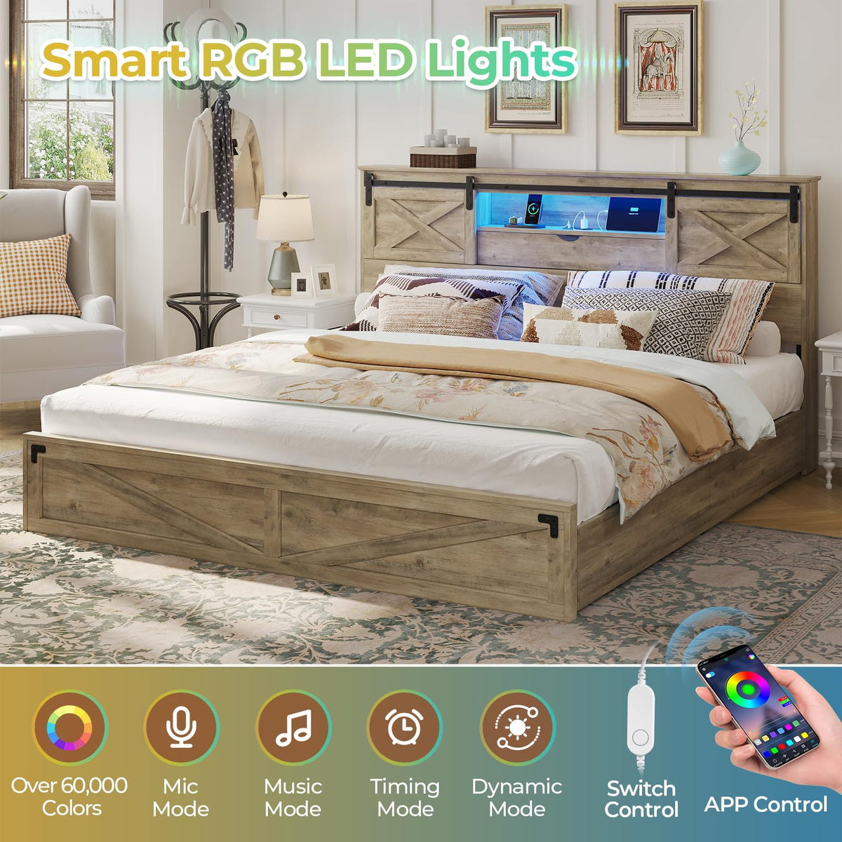 King Farmhouse Storage Bed with LED Lights