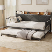 GarveeHome Daybed with Trundle and LED Light, Twin Size Bed Frame with Upholstered Headboard and Charging Station, Metal Frame Sofa Day Bed for Living Room, Bedroom and Guest Room, Black