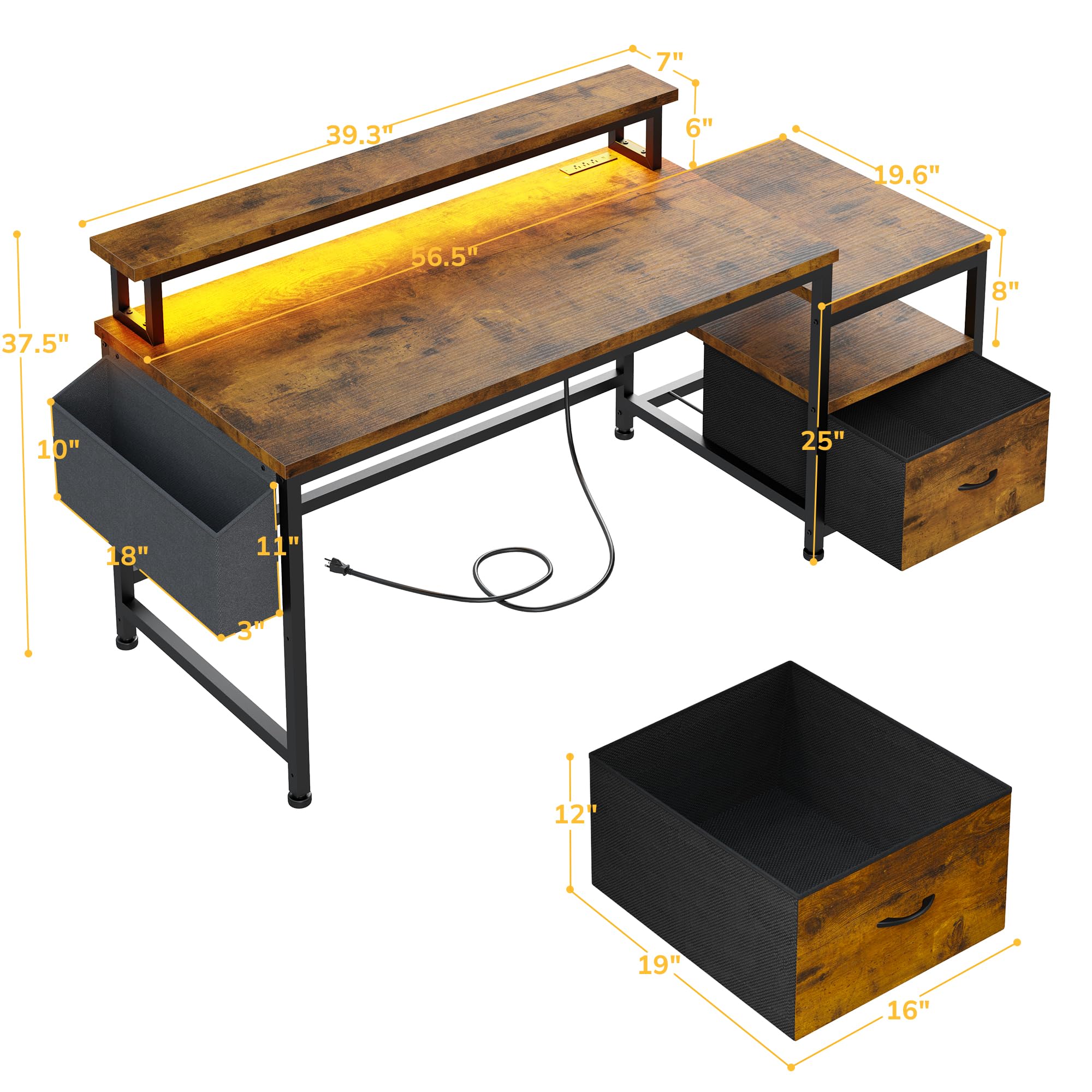 56.5" Office Desk with Monitor Stand, Filing Cabinet & Power Outlets