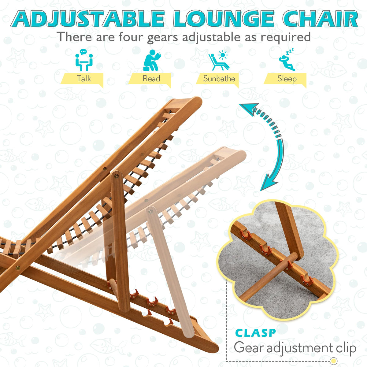 Greesum 3 Piece Patio Folding Recliner Bistro Set Acacia Wood Chairs Outdoor Chaise Lounge for Backyard Garden Pool Deck, Natural