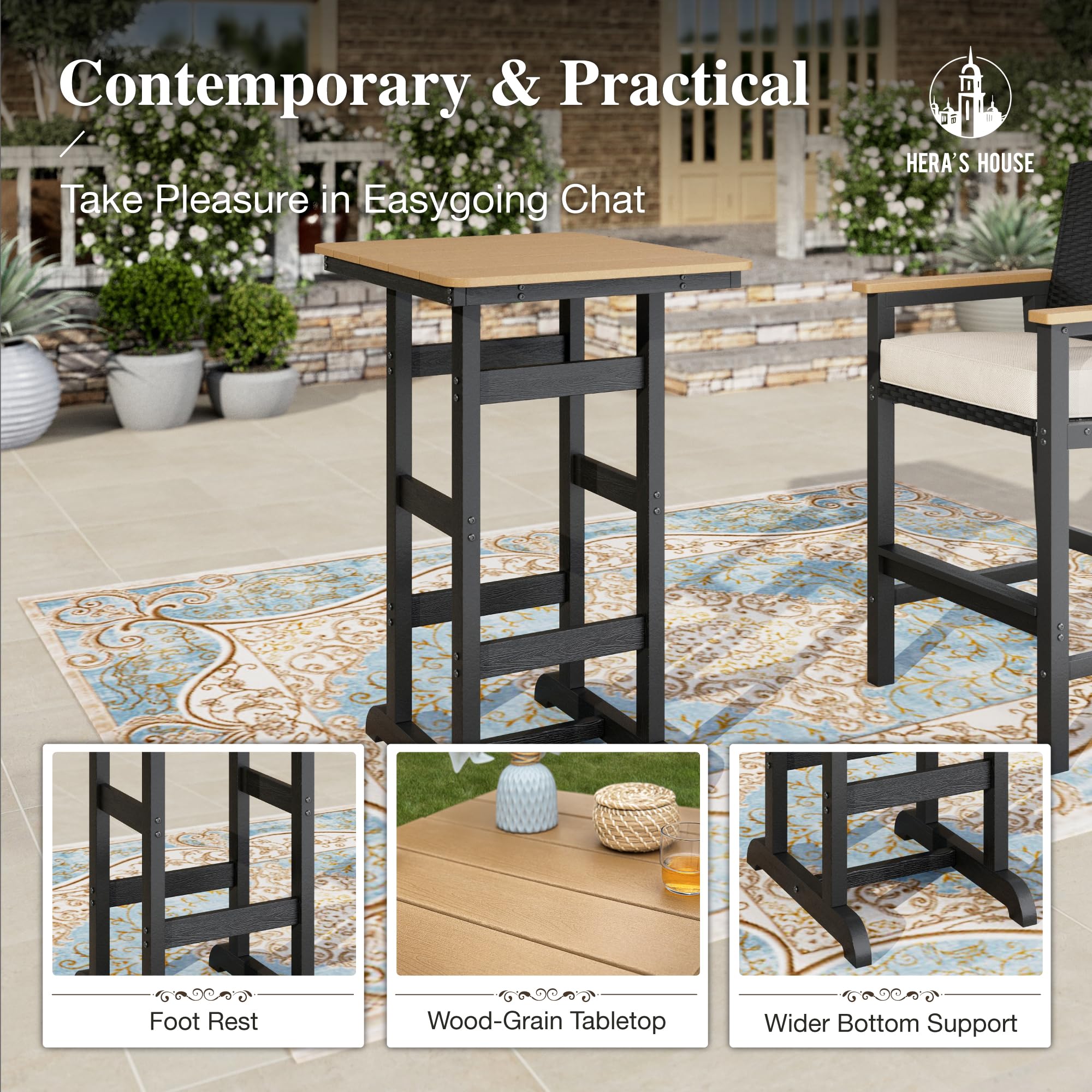 3-Piece Outdoor HDPE Bar Set with Wicker Stools