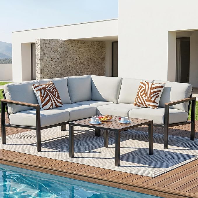 6-Piece L-Shaped Patio Sectional Set with Faux Wood Armrests & Cushions