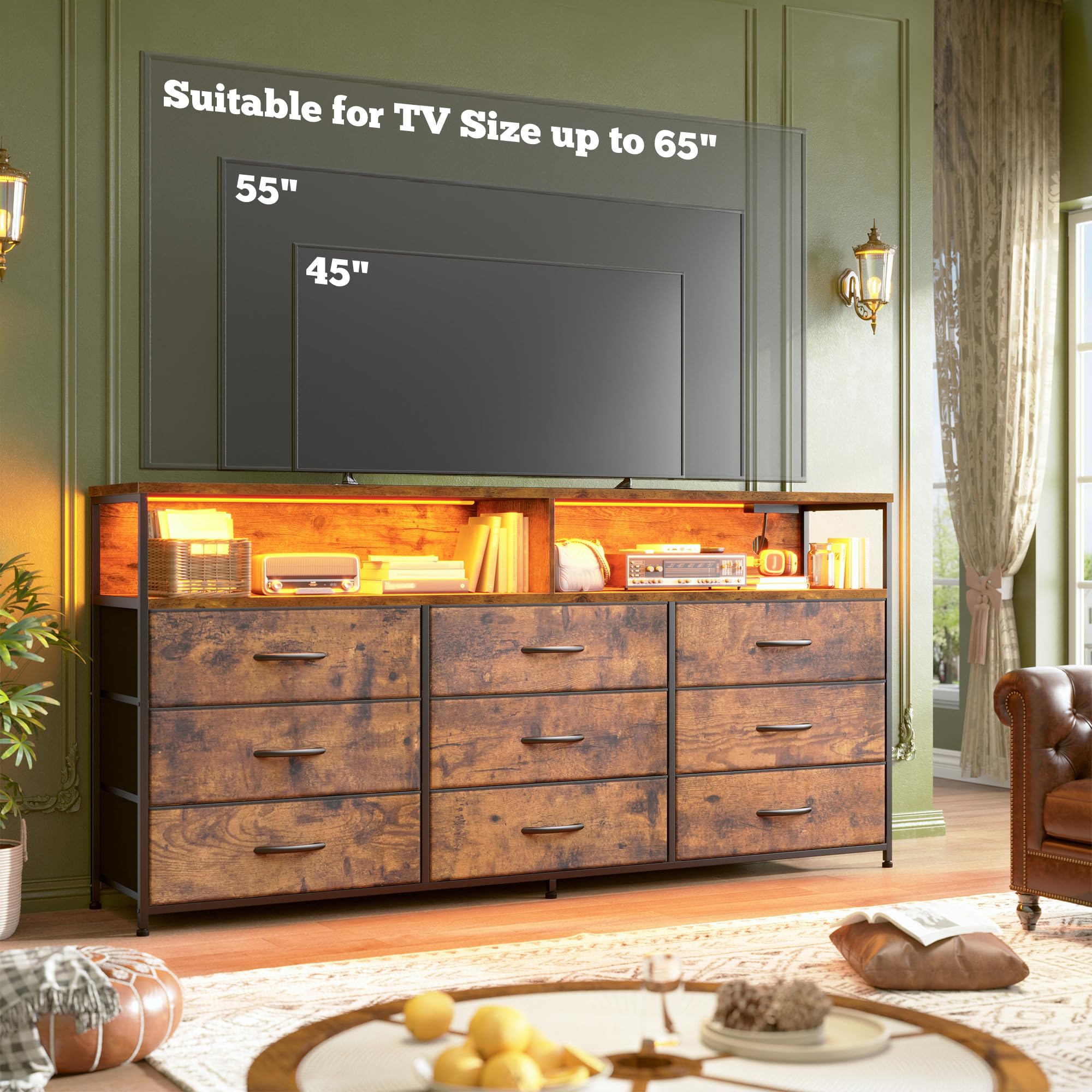 Romorgniz 55" W Dresser for Bedroom with 9 Drawers, LED TV Stand with Power Outlets for 45, 55, 65 Inch TV, Sturdy Long Chest of Drawers with Extra 2 Wooden Shelves, Rustic Brown