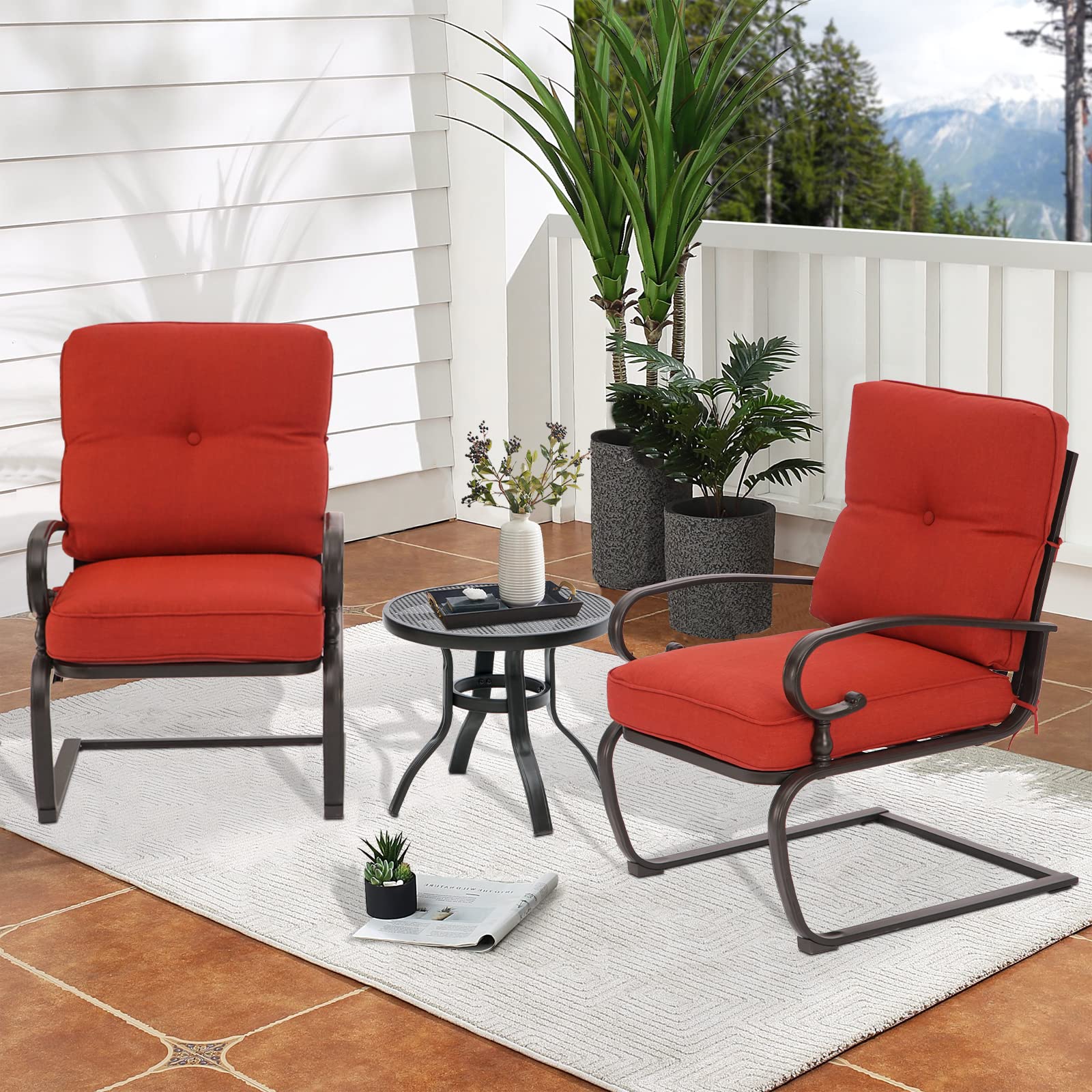 Oakcloud Outdoor Bistro Set 3-Piece Spring Metal Lounge Cushioned Chairs and Bistro Table Set Wrought Iron Cafe Furniture Seat, Red