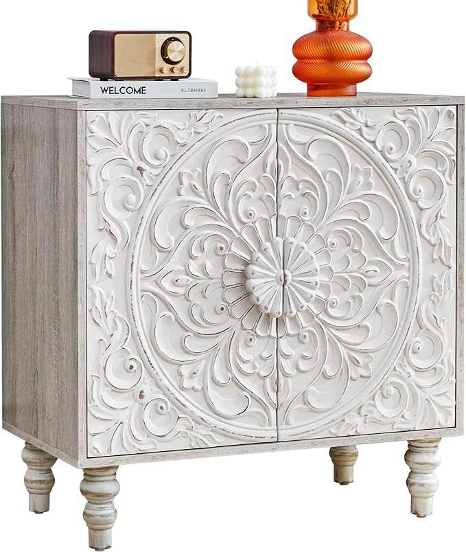 Carved Floral Accent Cabinet