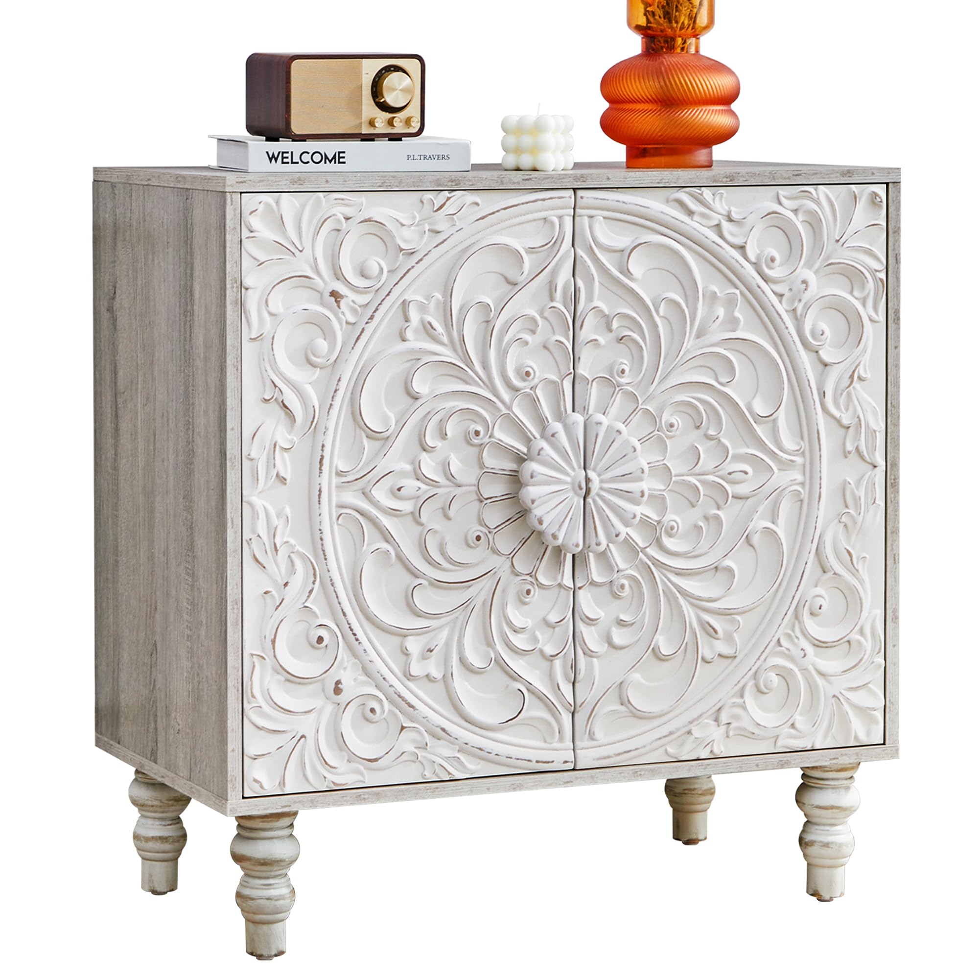 Vintage French Style Storage Cabinet with Carved Doors