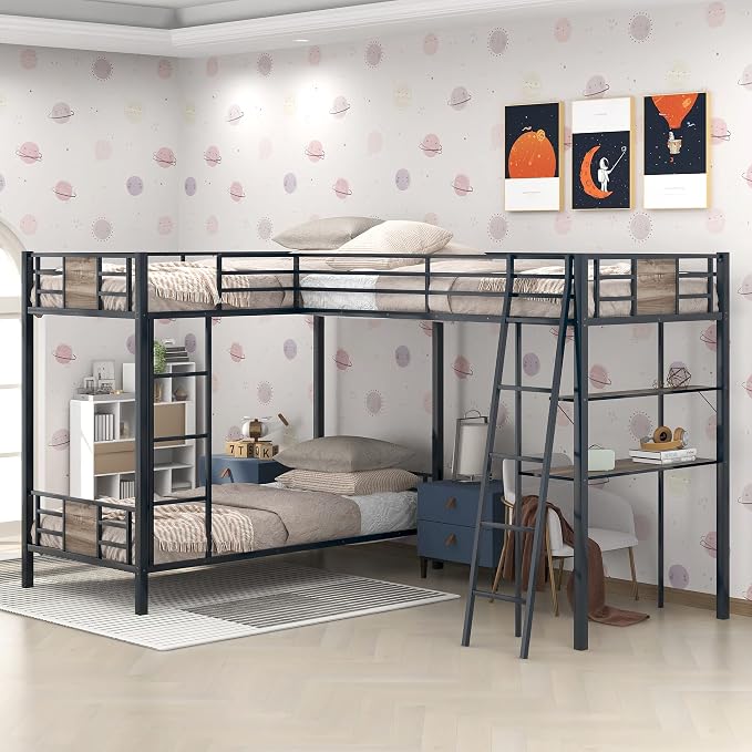 L-Shaped Triple Bunk Bed with Desk