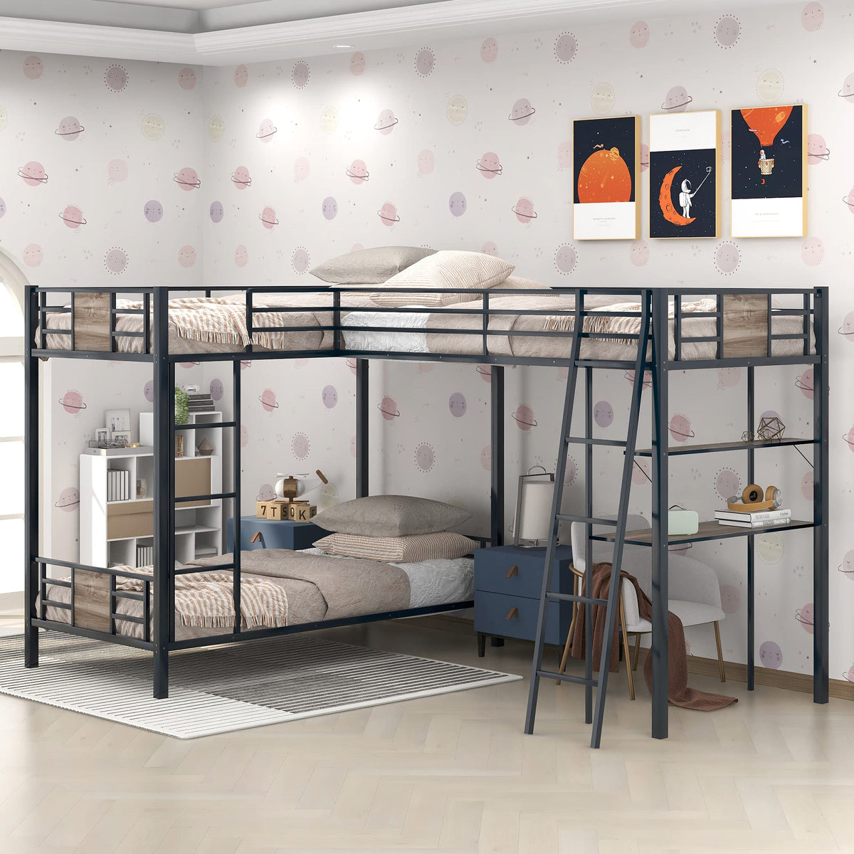 L-Shaped Twin Over Twin Bunk Bed with Twin Size Loft Bed with Desk and Shelf,Brown