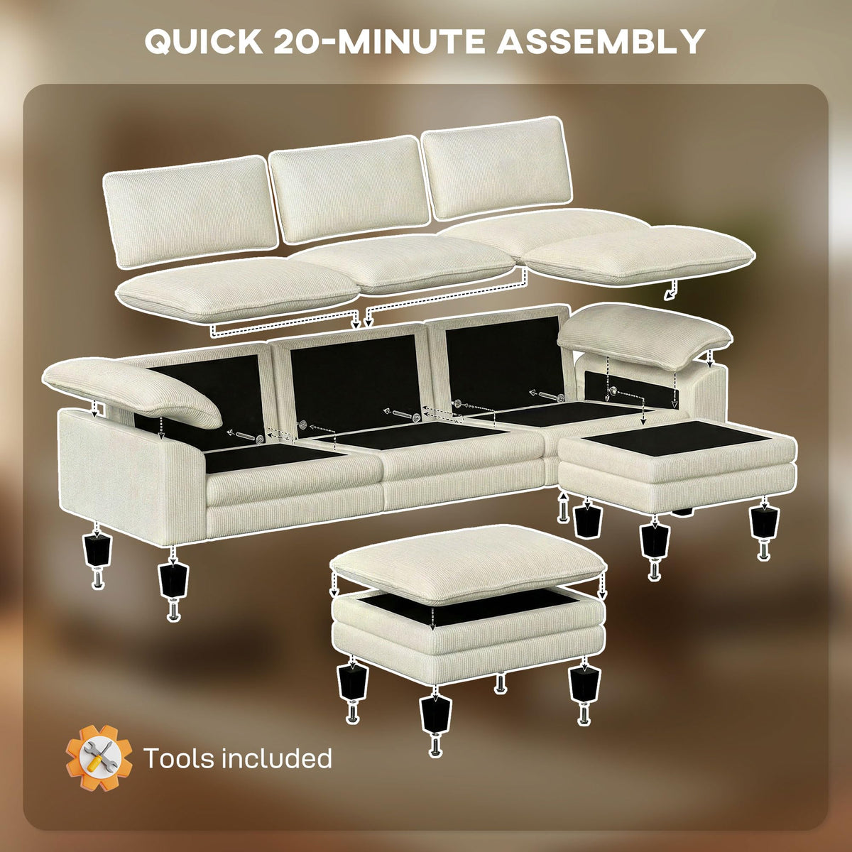 Corduroy Sectional Sofa with Ottoman
