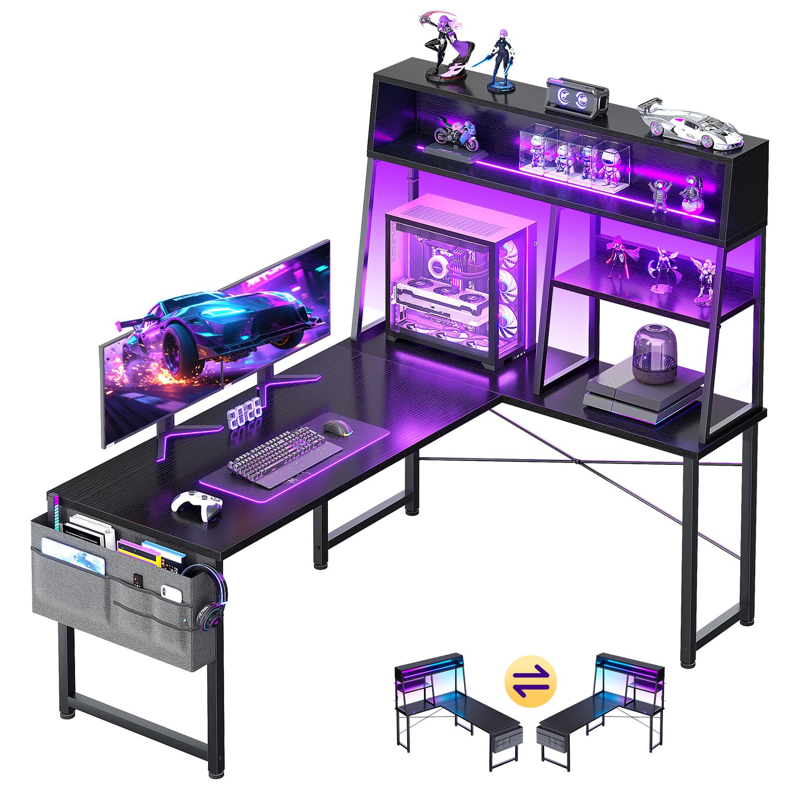 L-Shaped Gaming Desk with LED Lights & Display Shelves