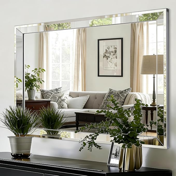 Large Rectangular Wall Mirror with Stainless Steel Frame