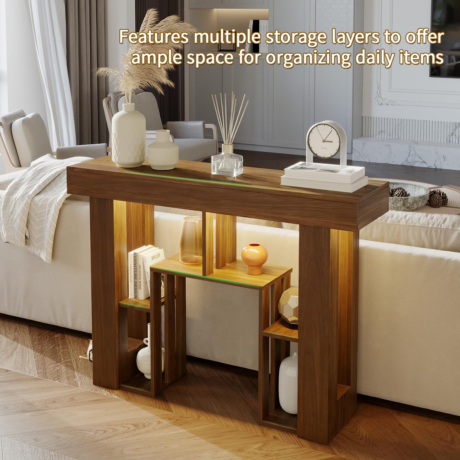Console Table for Entryway,Narrow Console Table with Storage,Open Shelving,Sofa Table Behind Couch,Power Outlets and USB Ports,Suitable for Living Rooms,Hallways,and Entryways(Console Table-Walnut)