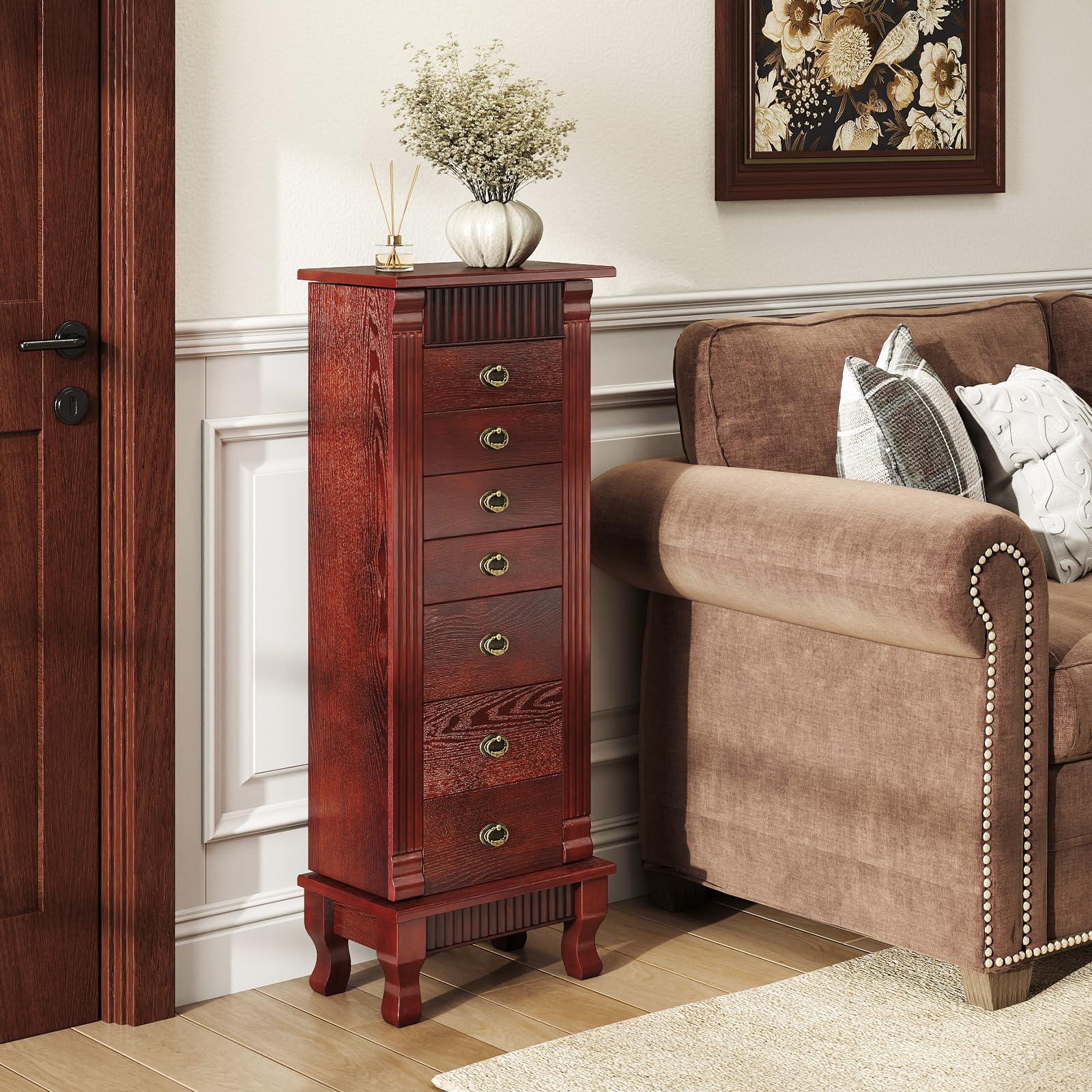Standing Jewelry Cabinet with Mirror & Drawers
