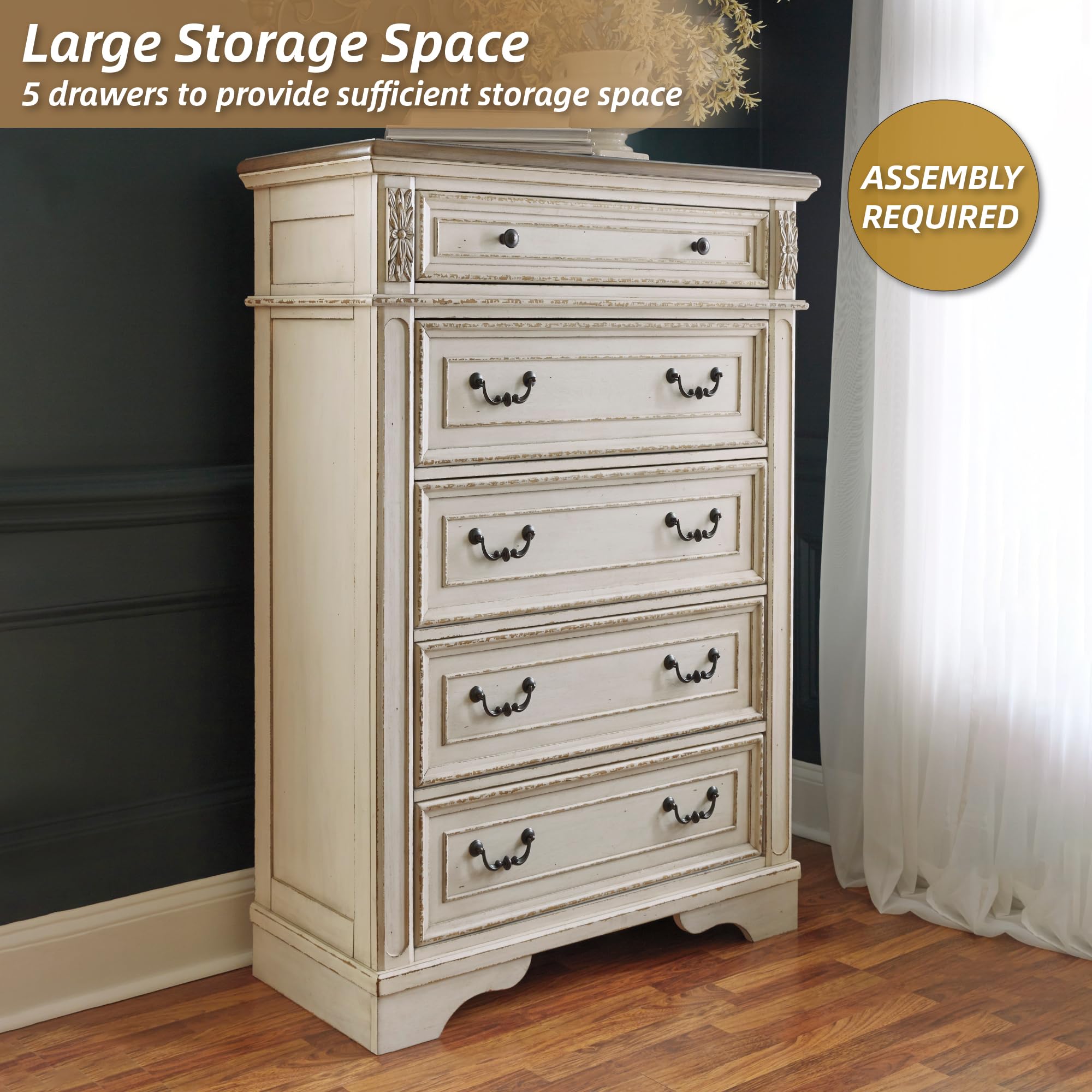 5-Drawer Chest Dresser – Chipped White
