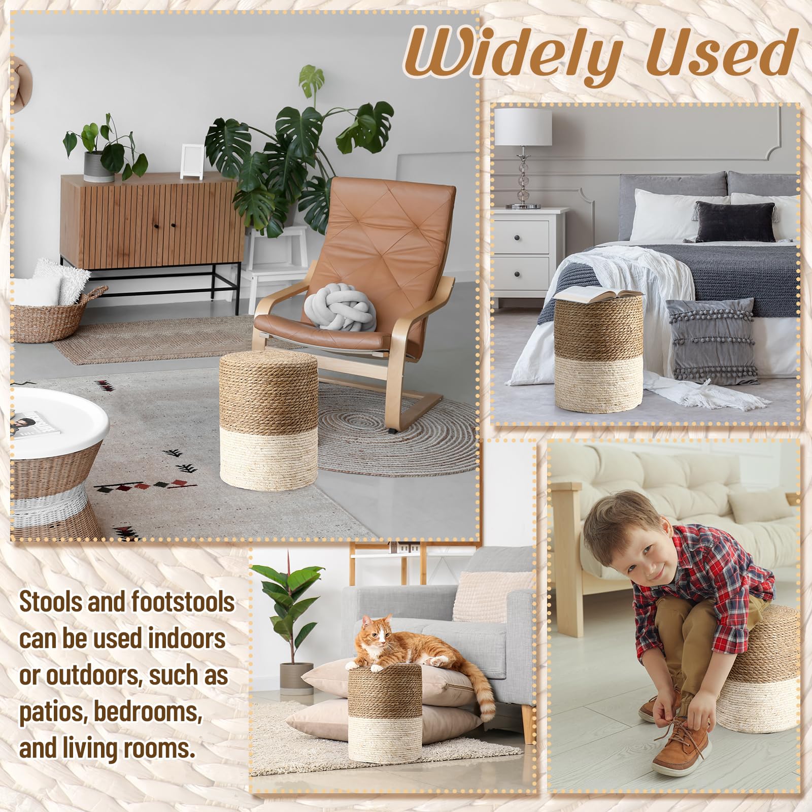 Round Seagrass Pouf Ottoman Set of 2 – Boho Footrest Stool