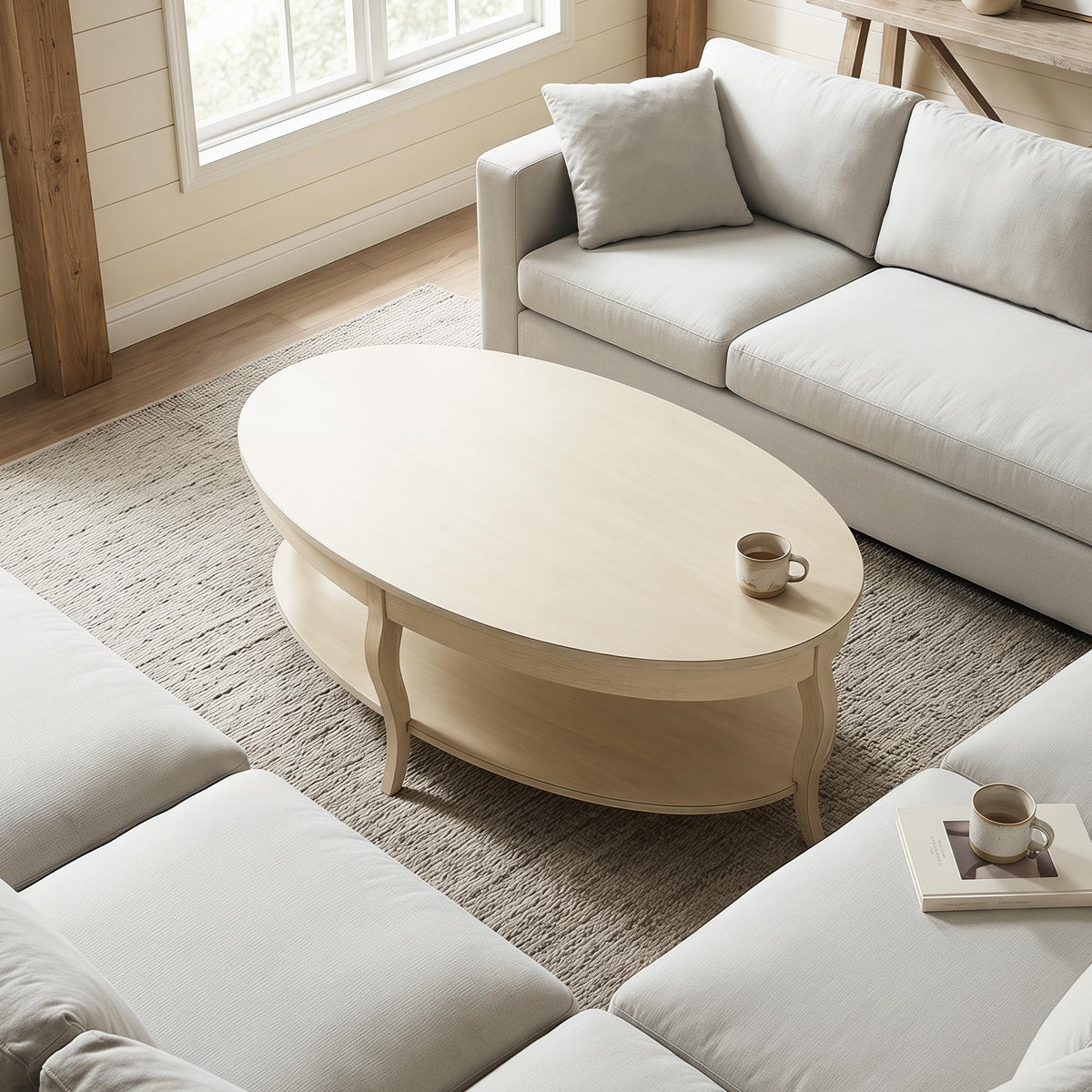 Faded White Oval Coffee Table with Storage