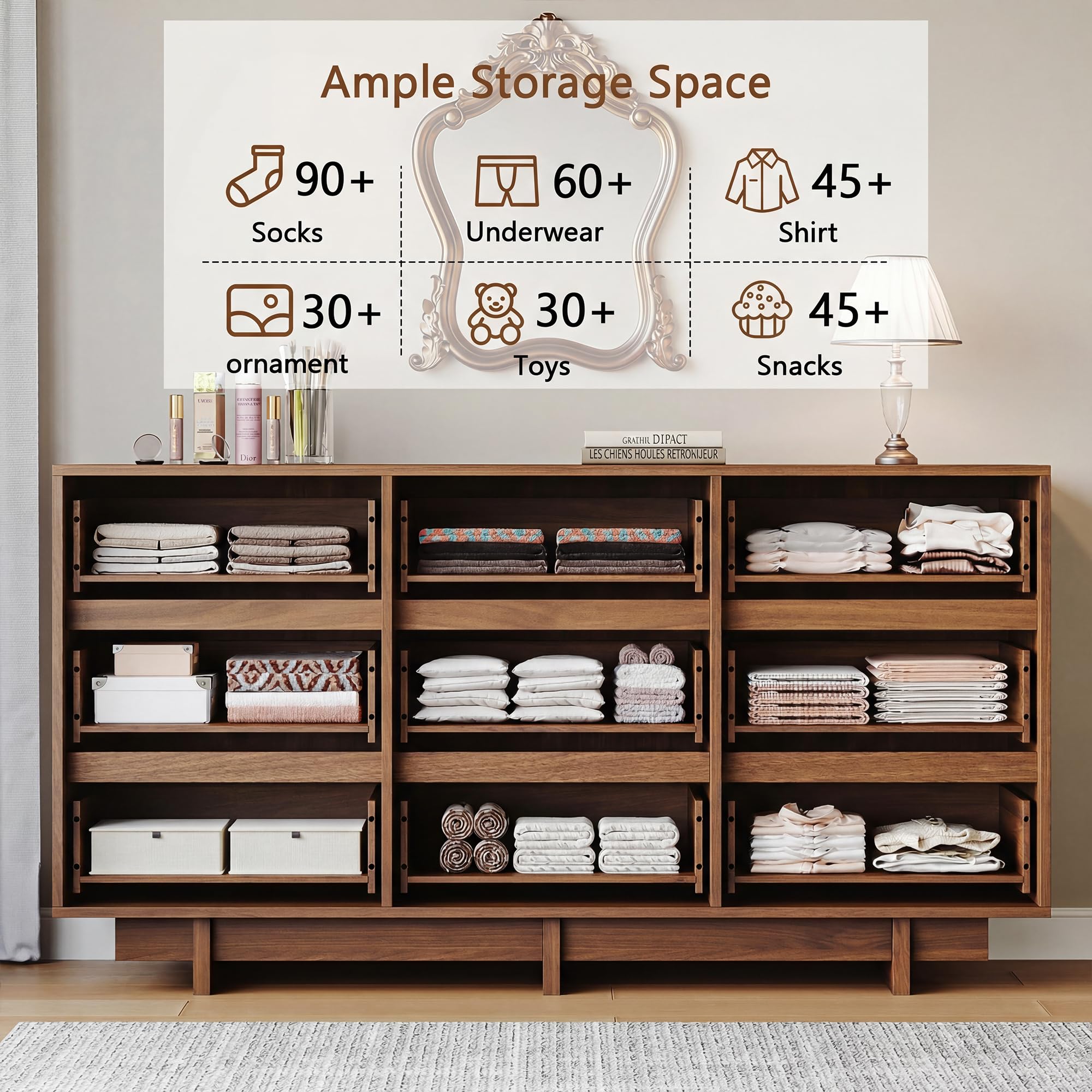 HOUROM Walnut Dresser for Bedroom with 9 Drawers,59" Wide Modern Dressers Chest of Drawers,Sturdy Base,Minimalist Linear Design,Wooden Closet Clothes Organizer for Bedroom,Hallway