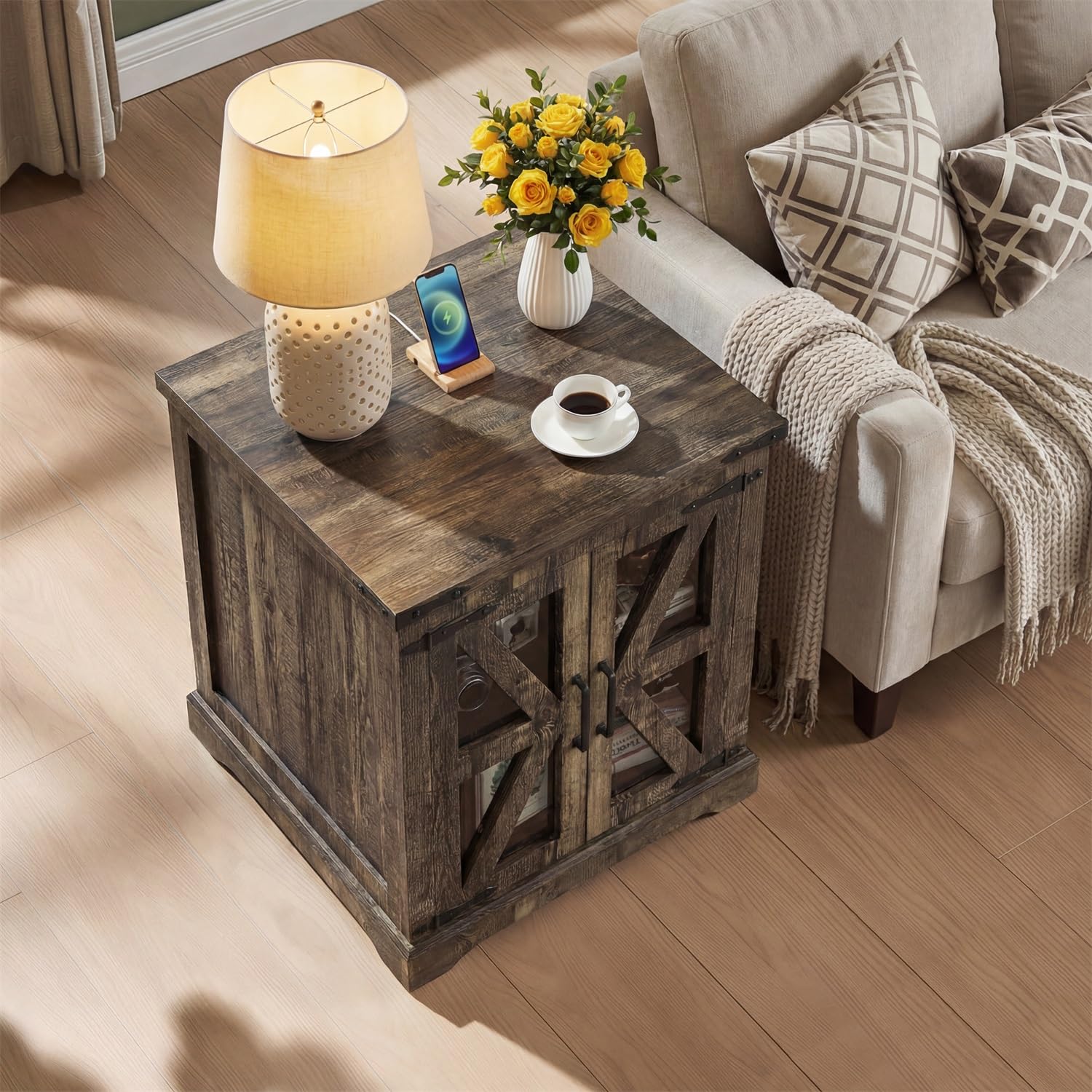 Farmhouse End Table with Glass Barn Door Storage