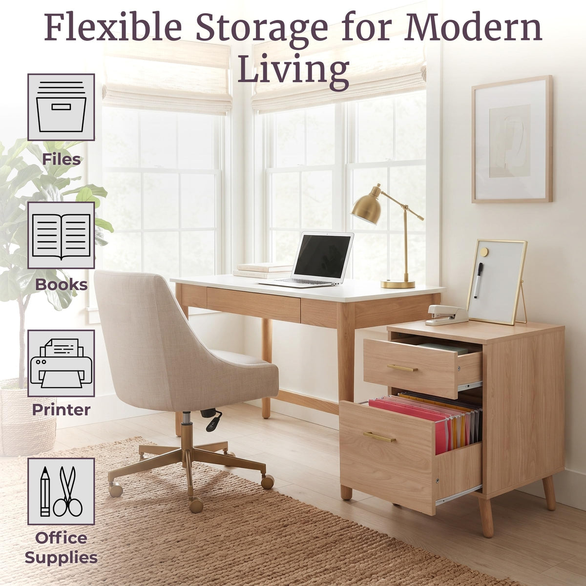 Lavish Home 2 Drawer File Cabinet, Natural, 15.75” x 20” x 24.25”