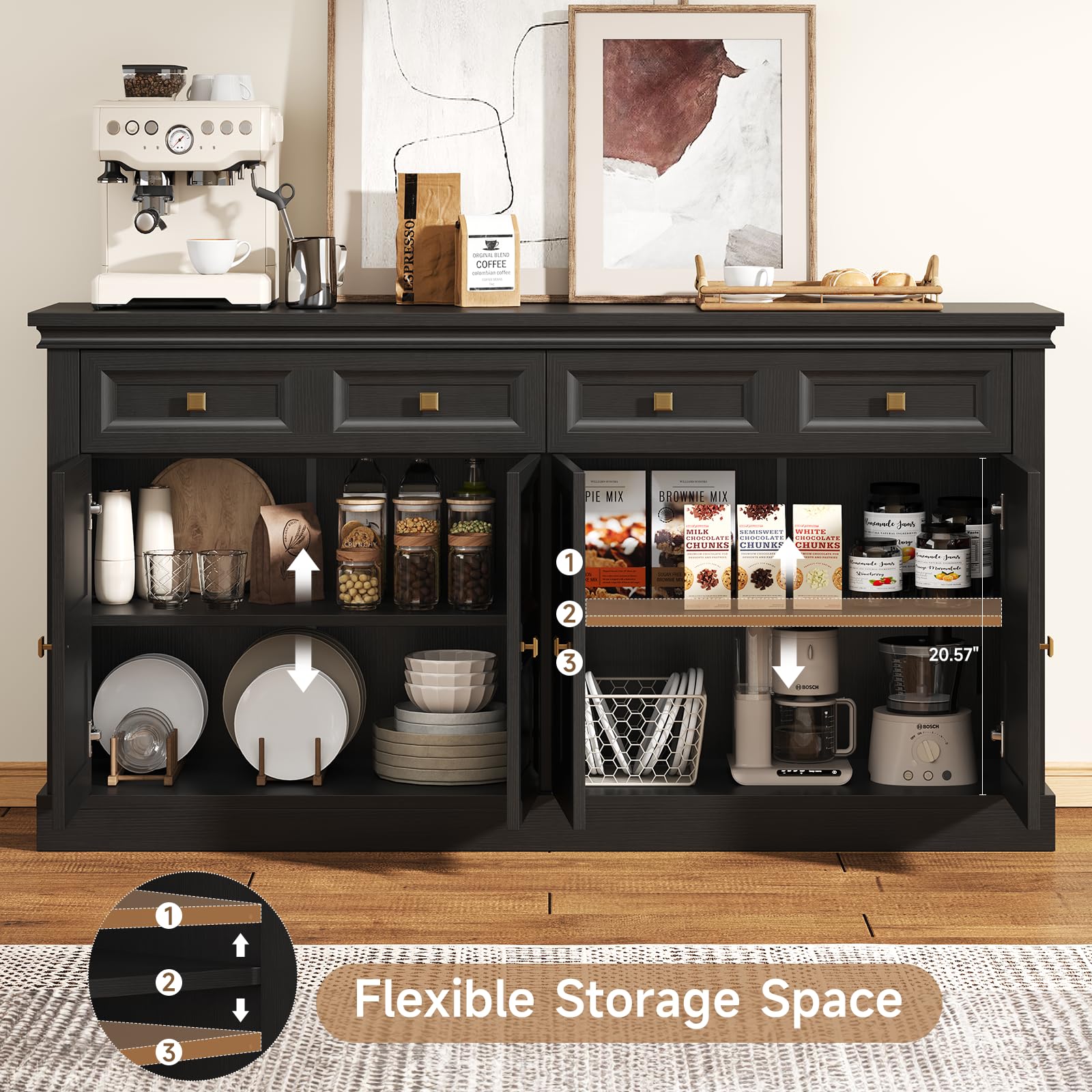 63" Buffet Cabinet with Storage & Drawers