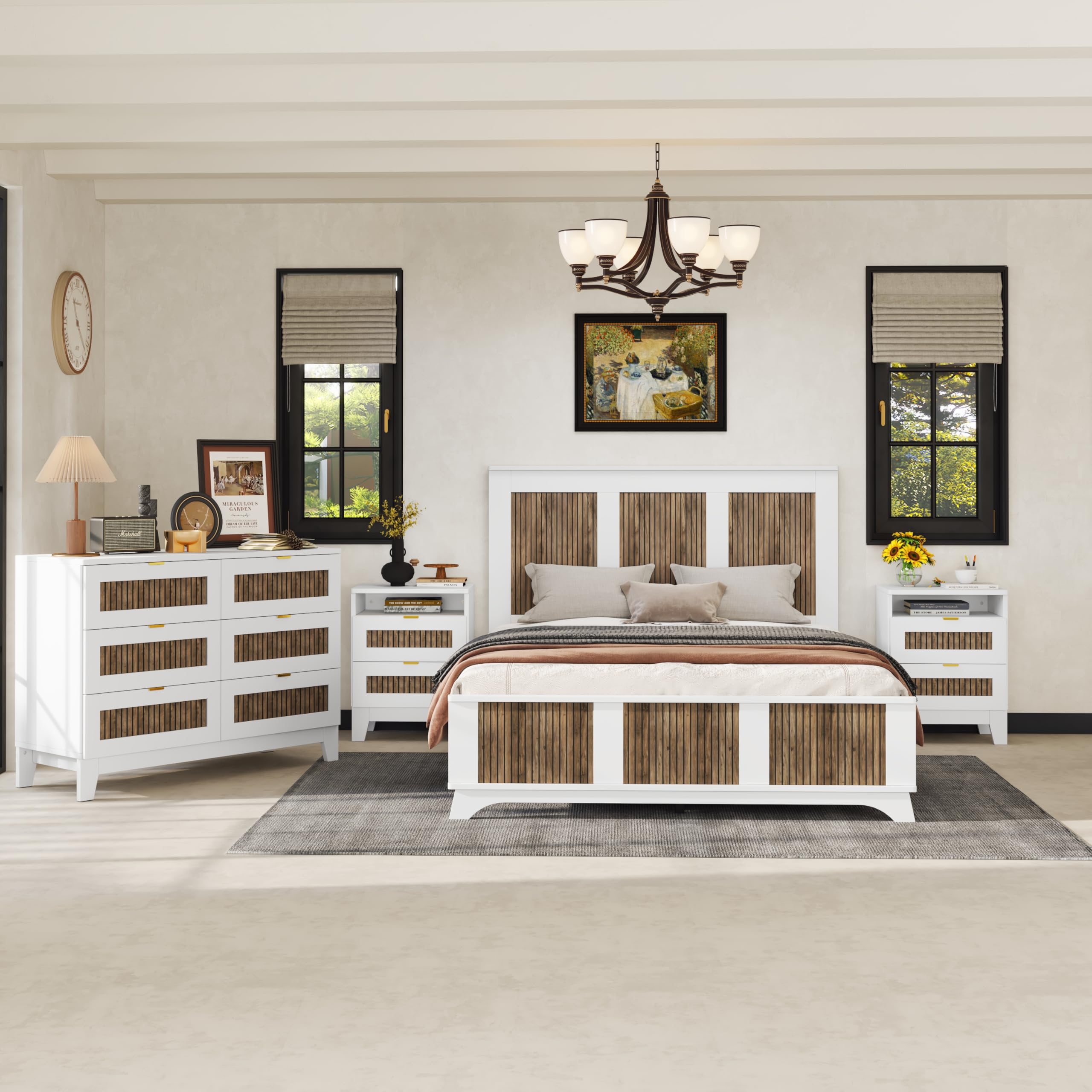 4-Pieces Queen Bedroom Sets with Wooden Strip Stickers Decoration,Wood Bed Frame with 2 Storage Nightstand 6-Drawer Dresser with Metal Handle,Farmhouse Bedroom Furniture Set,White