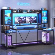 SEDETA Gaming Desk 74.8'' with LED Lights, Hutch and Storage Shelves, Computer Desk with Monitor Stand, Large PC Gamer Desk Workstation, Ergonomic Gaming Table for Bedroom, Living Room, Black