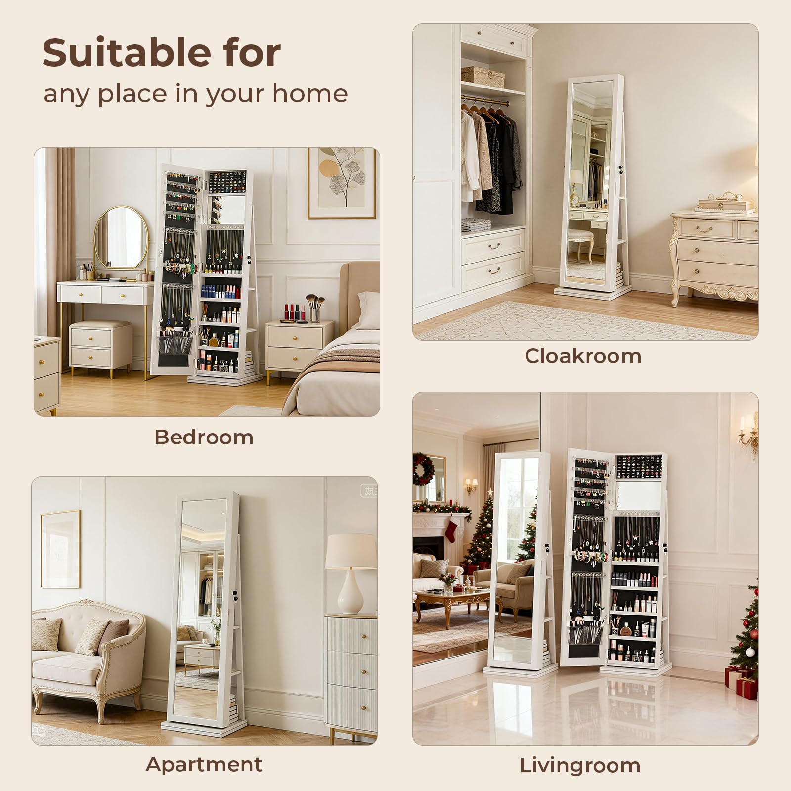 Lockable Jewelry Armoire with Full-Length Mirror