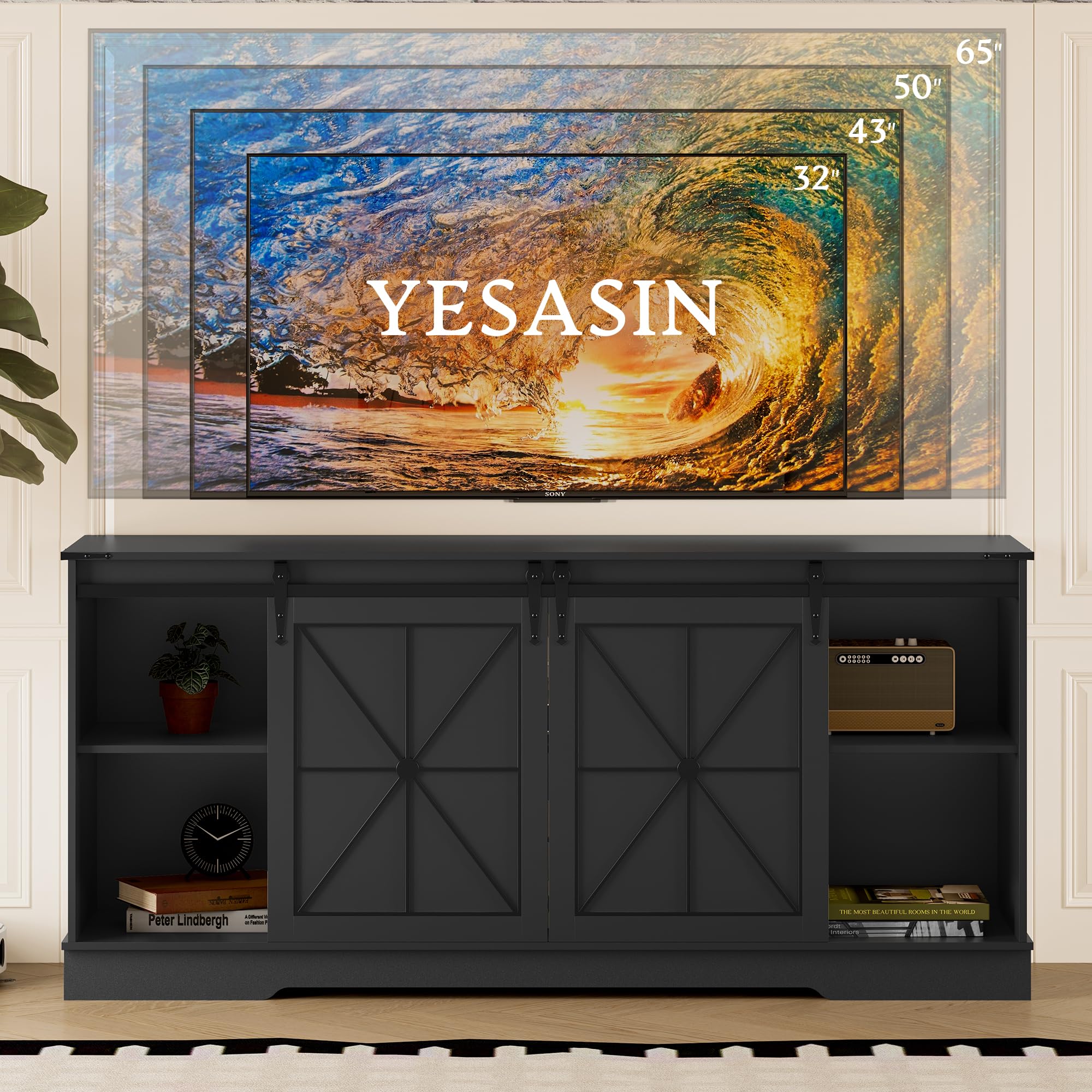 yesasin Farmhouse TV Stand for 55 60 65 Inch TV, Entertainment Center with Storage & Sliding Barn Doors, Easy Assembly, Modern Mid Century Media TV Console Table for Living Room, Bedroom Black