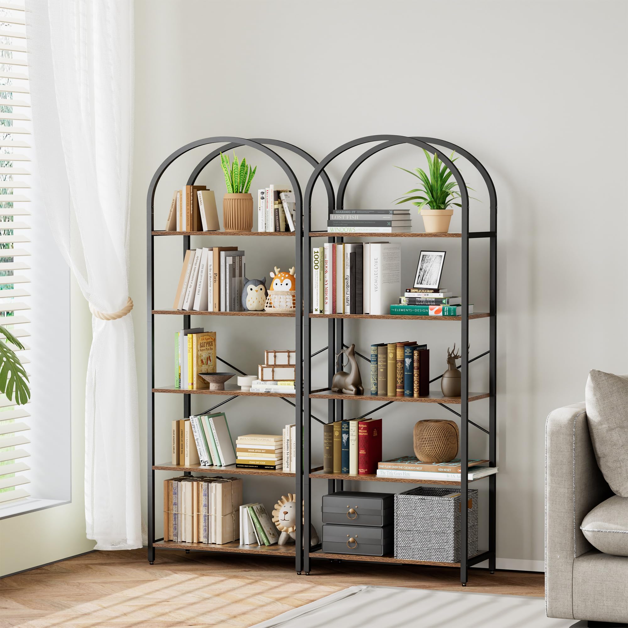 Homhedy 5-Tier Bookshelf Arched Display Racks, Wood and Metal Bookcase, Tall Bookshelf, Industrial Display Standing Shelf Unit, for Home Office, Living Room, Bedroom, Bathroom, Rustic Brown