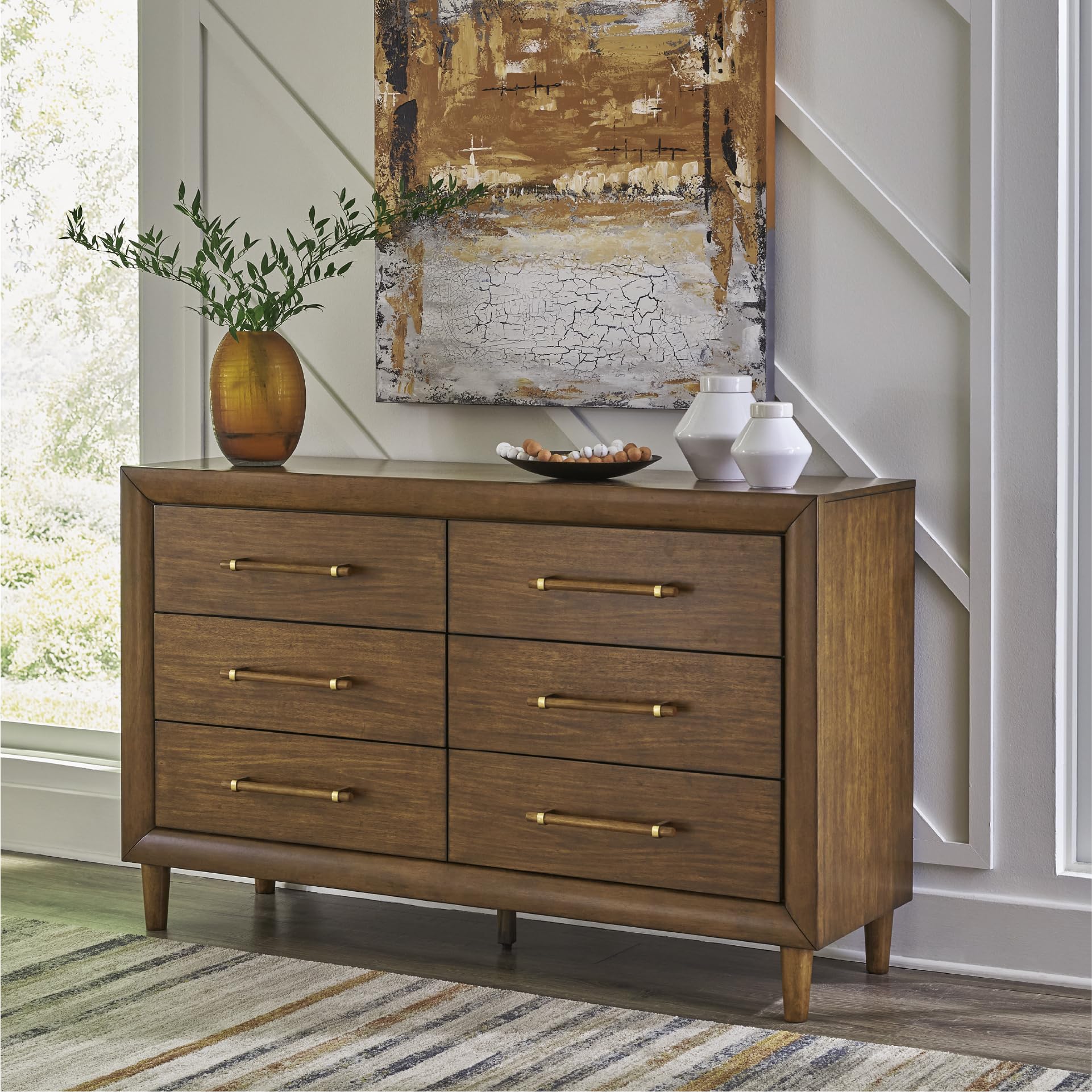 Signature Design by Ashley Lyncott Six-Drawer Dresser, Felt Lined Top Drawers, Round Tapered Legs, Hardwood Solids, 61.25' W x 17.88' D x 37.5' H, Brown