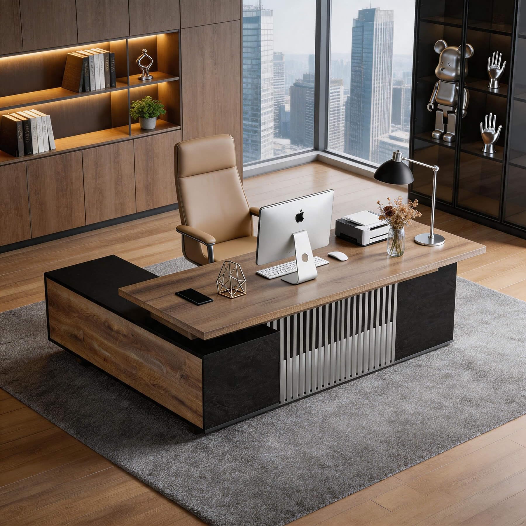 70.86 inch Inch Large Executive Desk with Drawers Cabinet, L Shaped Office Desk, Computer Desk with Universal Charging Ports and Cable Management for Business Furniture Set Workstation for Home Office