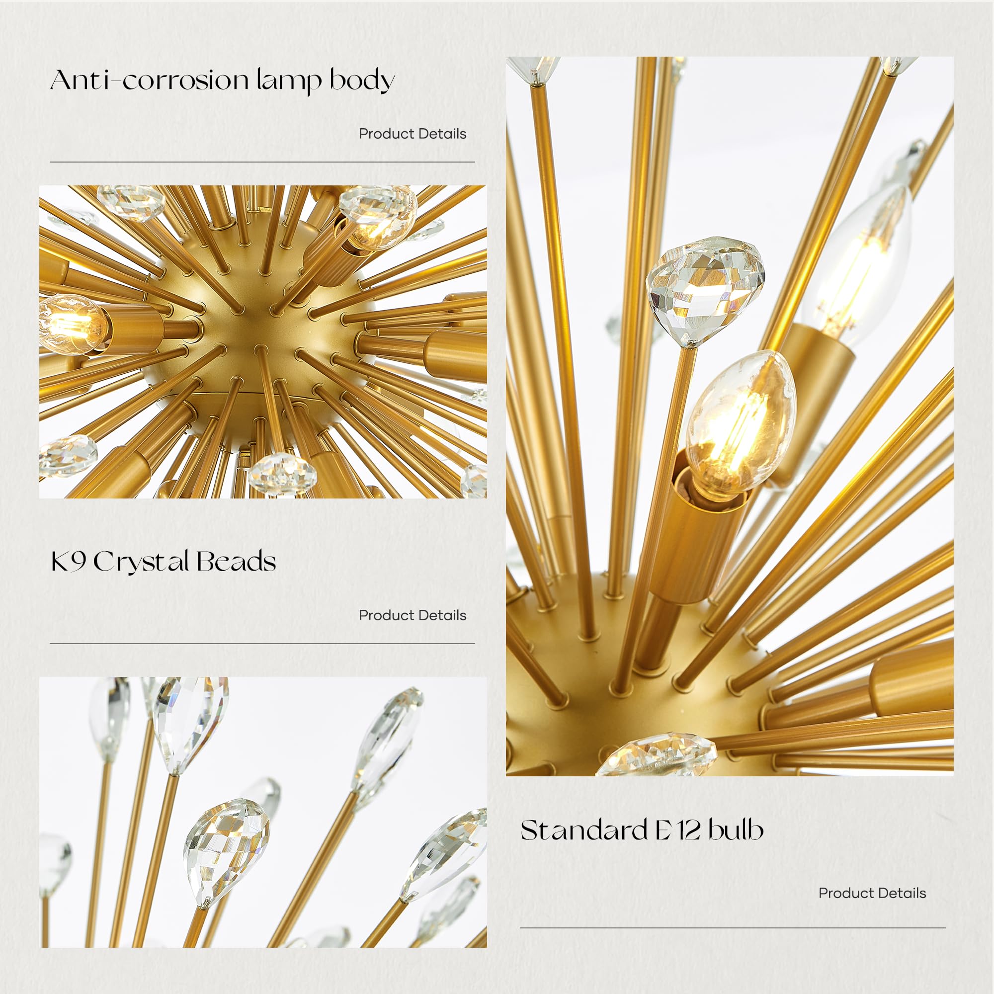 Aol furin 16-Light Gold Sputnik Chandeliers, 31" Starburst Firework Pendant Light fixtures, Mid-Century Modern Satellite Ceiling Lights for Dining Room, Kitchen, Bedroom, Living Room, E12