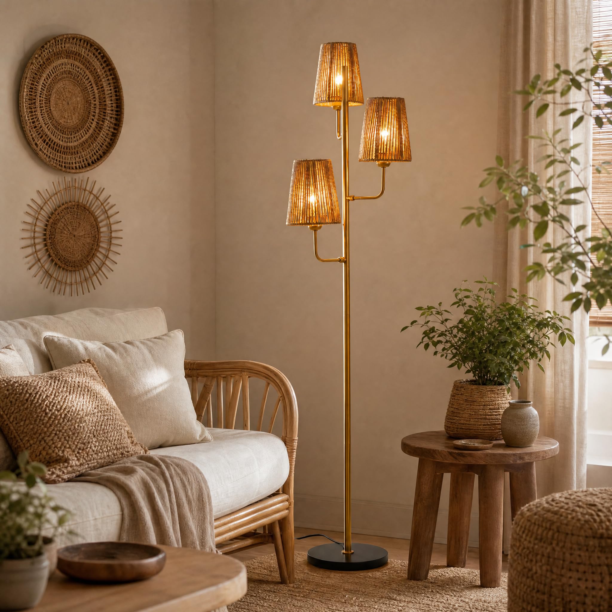 XZHGCEE Rattan Floor Lamp for Living Room:3 Light Boho Floor Lamp for Bedroom, Gold Standing Lamp with Foot Switch, Coastal Rustic Tall Lamp, No Bulb