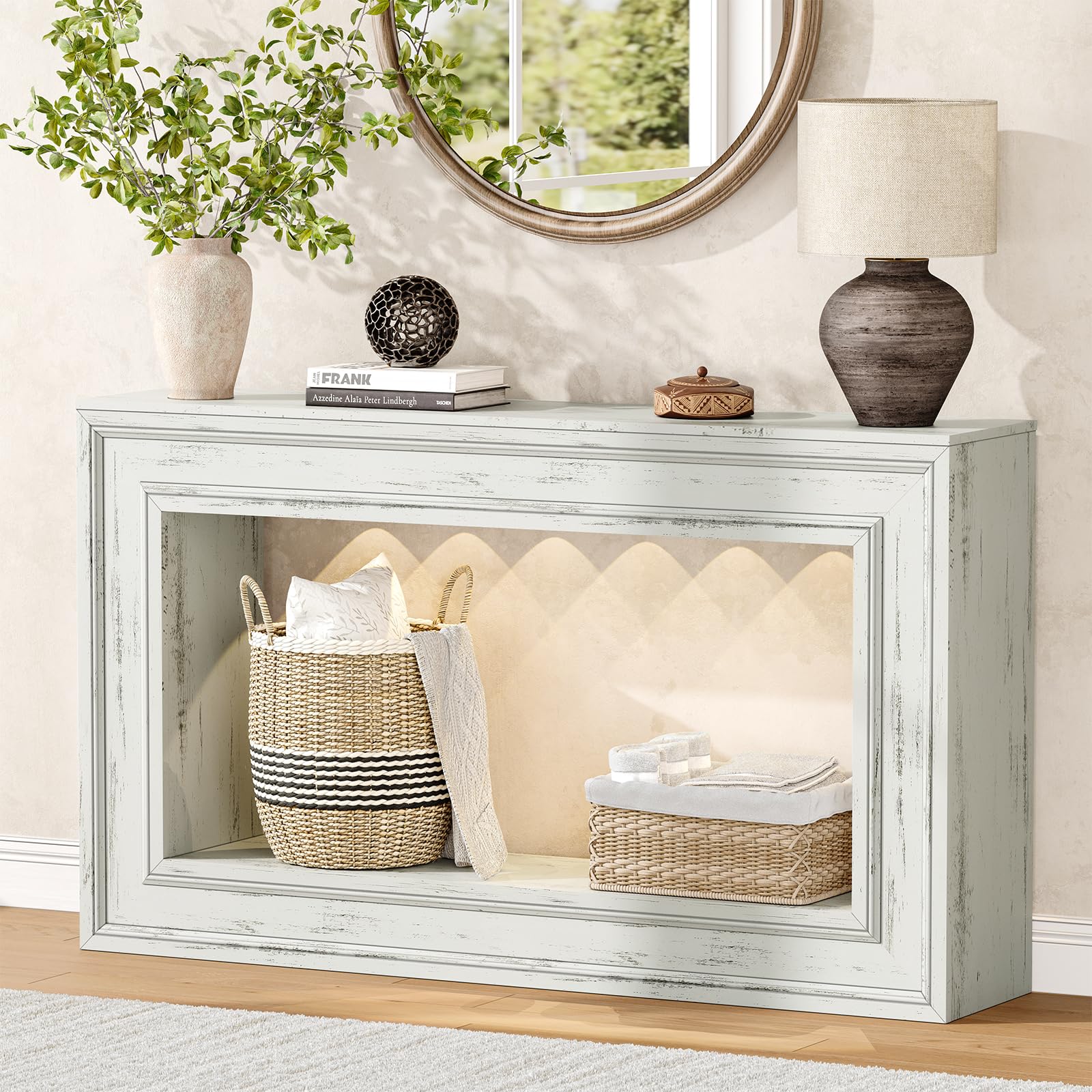 Rresyet 55" Long Console Tables with LED Lights, Narrow Console Tables for Entryway, 2-Tier Table Behind The Sofa, Modern Hallway Accent Table for Living Rooms, Corridors, and Foyers(White)
