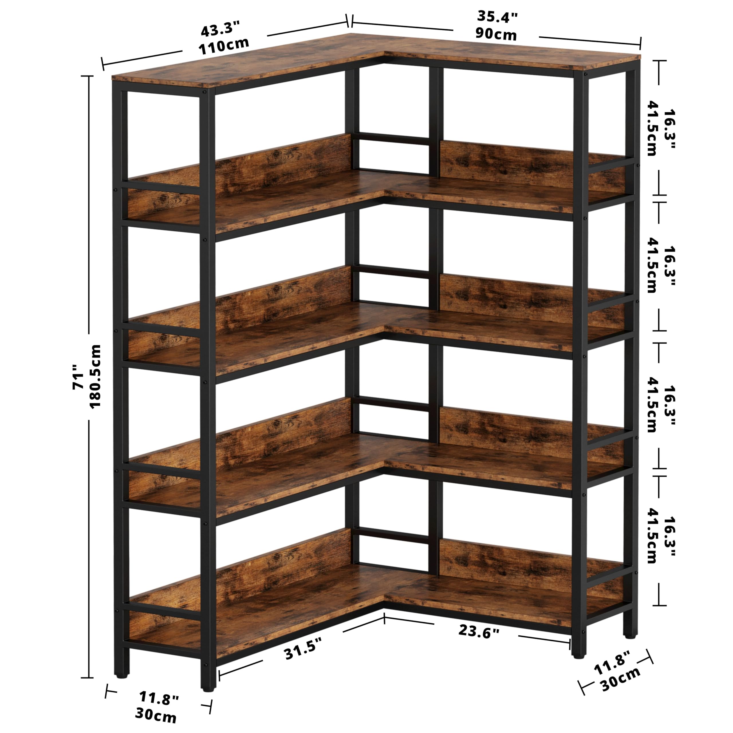 5-Tier L-Shaped Corner Bookshelf with Metal Frame