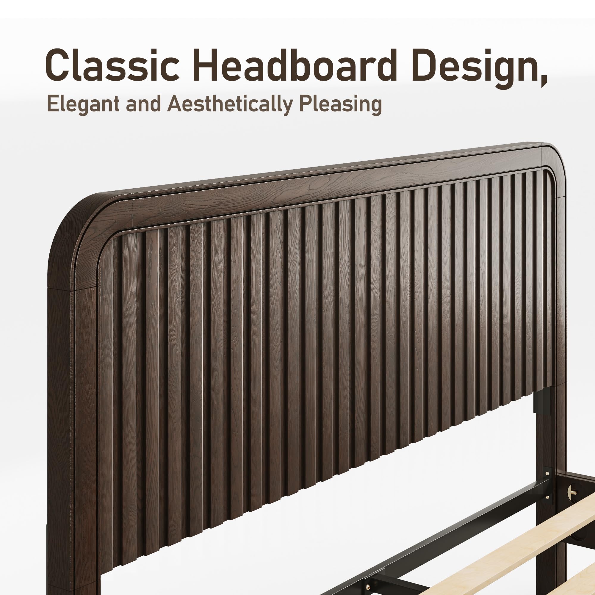 Queen Solid Wood Bed with Fluted Headboard