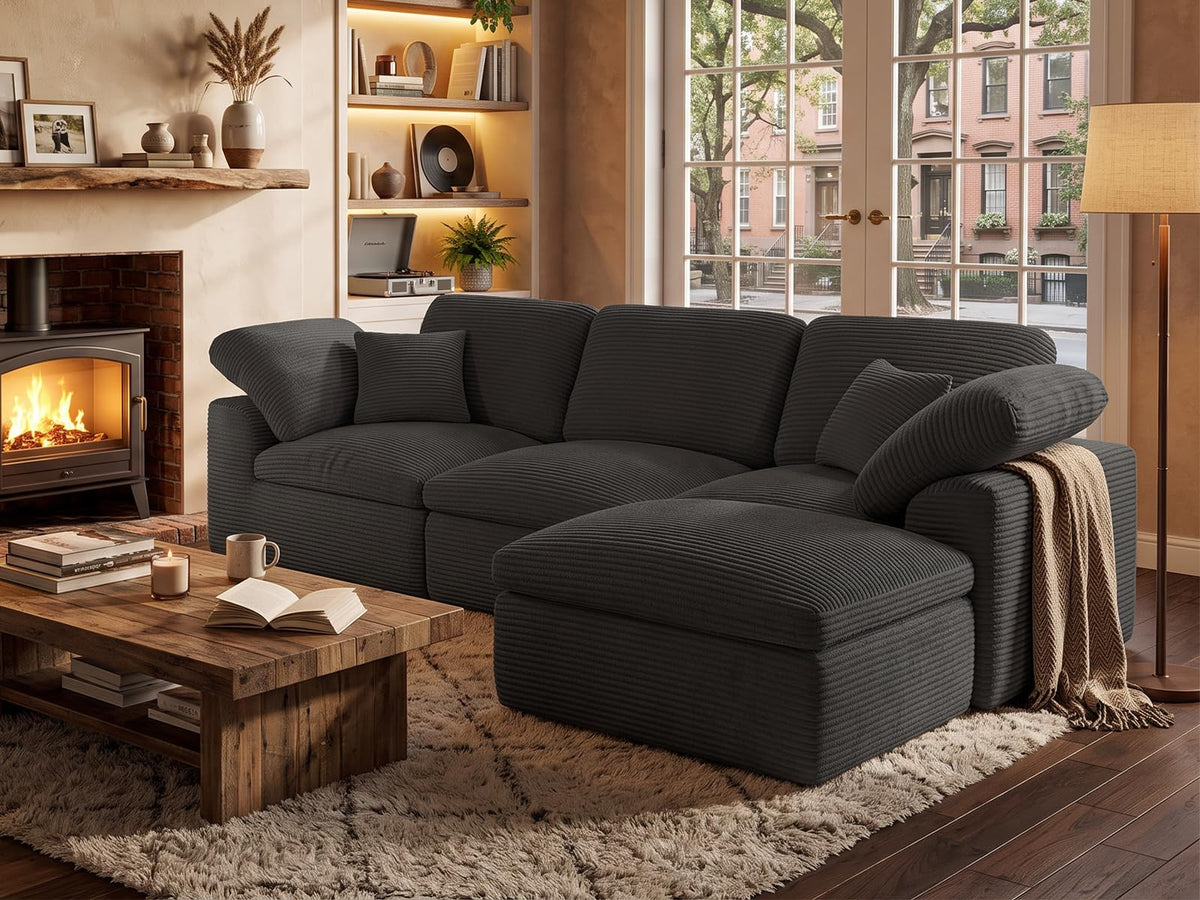 Corduroy Modular Sectional Sofa with Ottoman