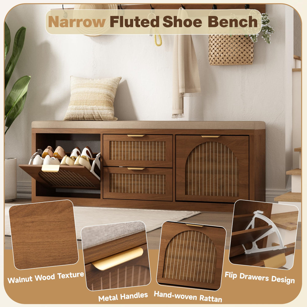 WINWY Shoe Storage Bench with Coat Rack, Flip Doors & Cushion, Walnut