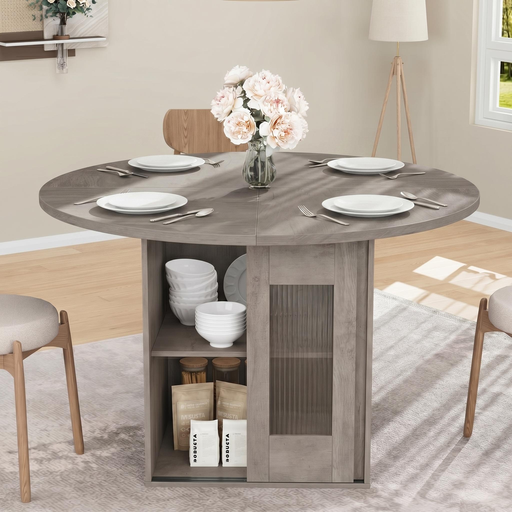 Garvee 47" Round Dining Table with Storage for 4-6, Farmhouse Wooden Circle Dining Table with Sliding Door & 2-Tier Shelf, Kitchen Dinner Table for Dining Room, Living Room, Kitchen, Grey