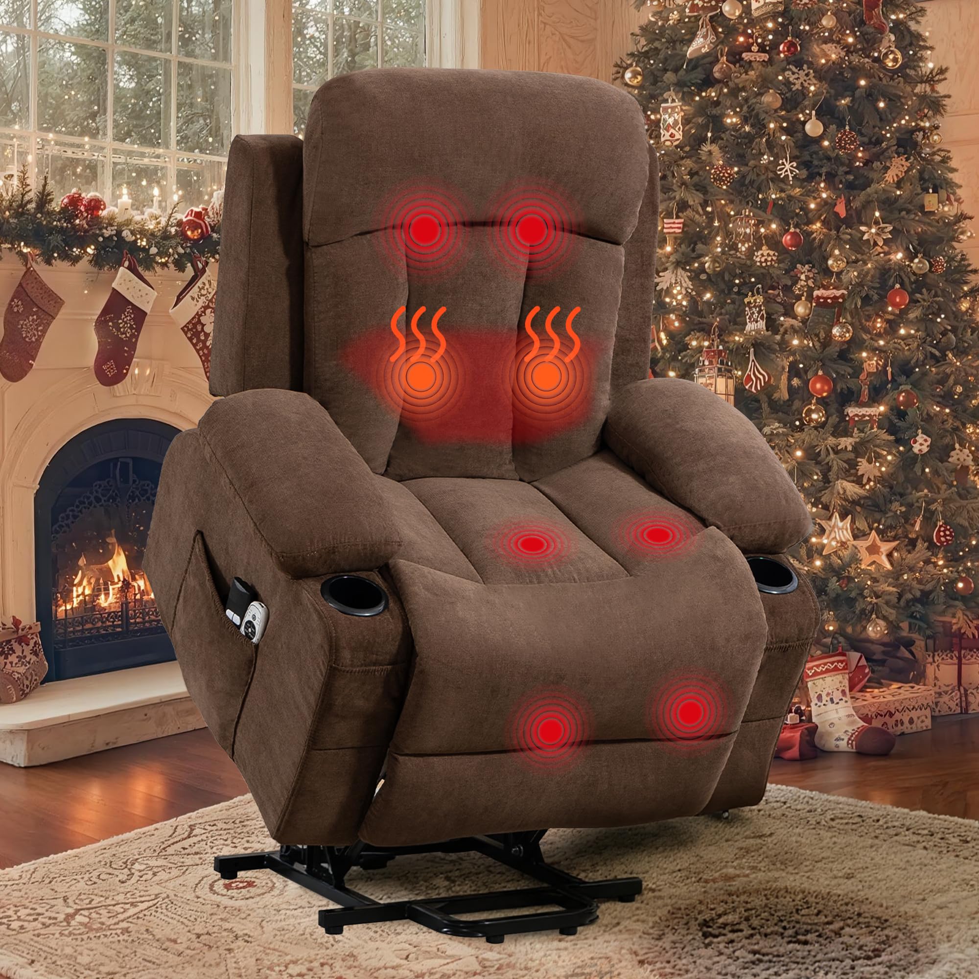 WENTUM Power Lift Recliner Chair for Elderly, Electric Lift Chair with 8 Vibration Massage and Heat, Soft Breathable Fabric, Cup Holders, Side Pockets, USB Charge Port for Living Room Bedroom, Brown